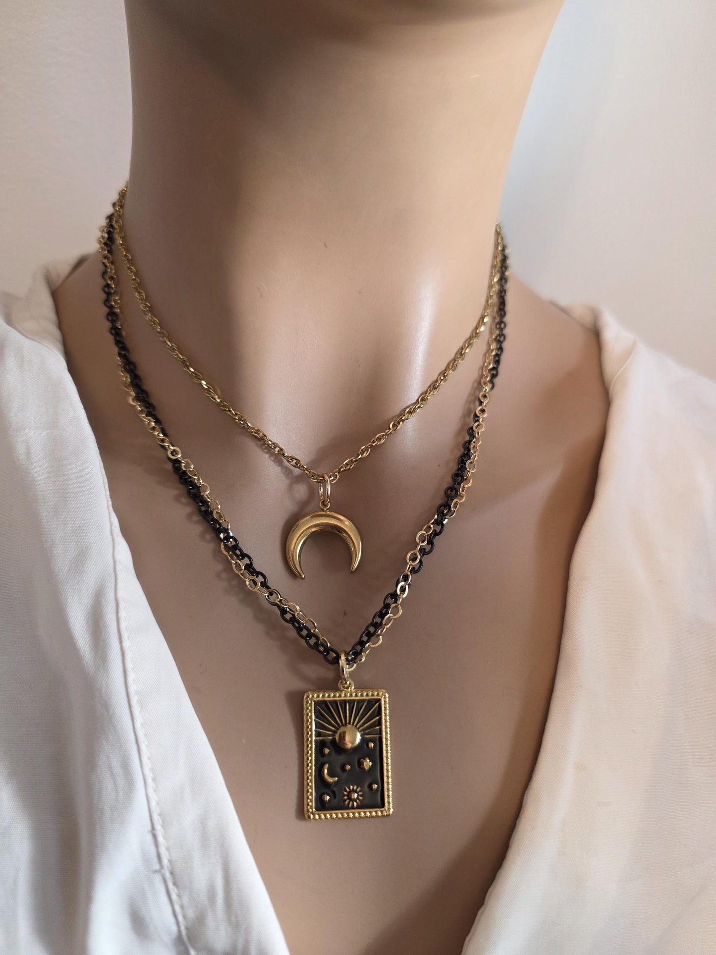 Celestial Moon, Sun, Stars Gold & Black Norse Layered Necklace | Viking-Inspired Celestial Amulet