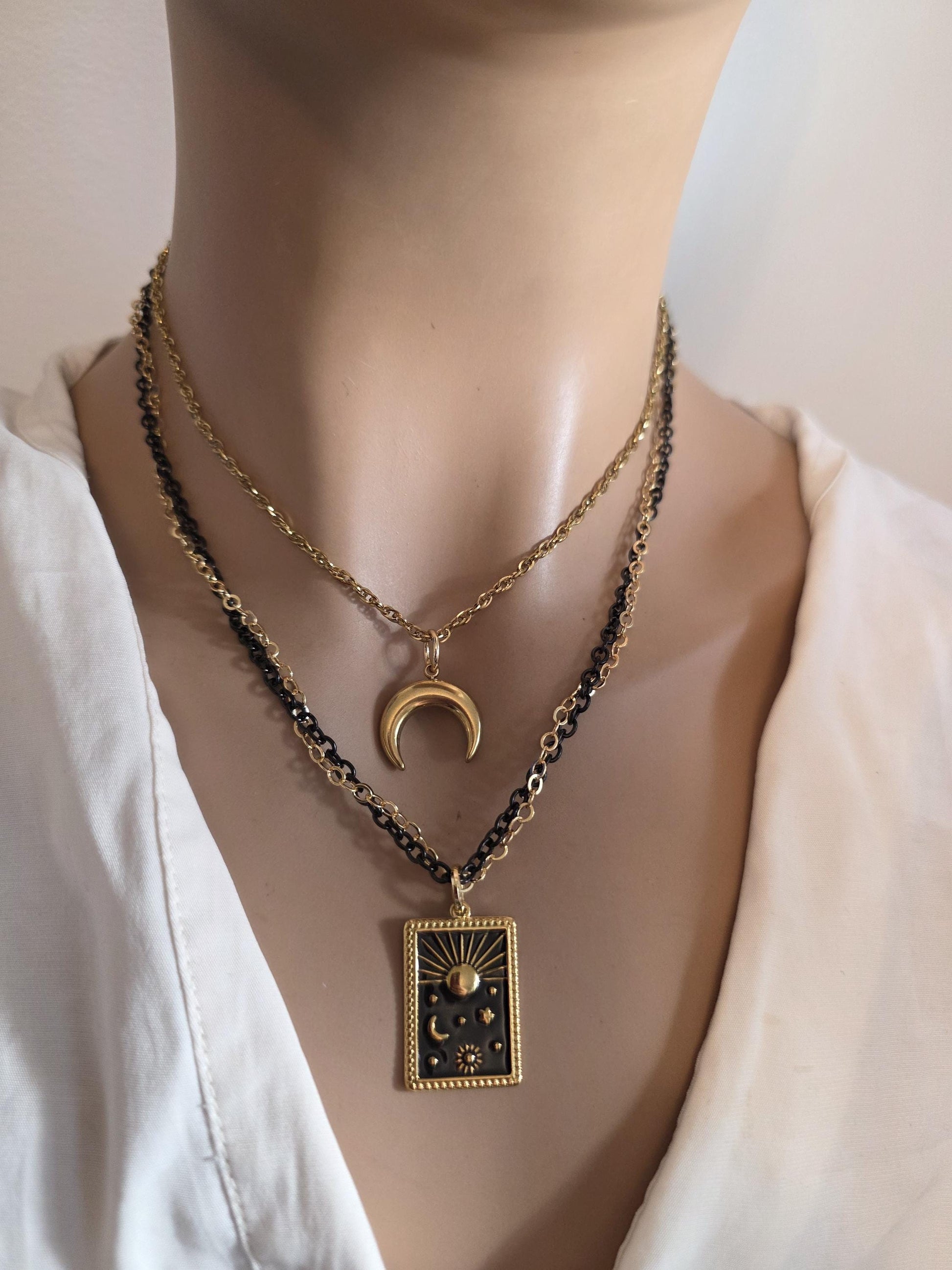 Celestial Moon, Sun, Stars Gold & Black Norse Layered Necklace | Viking-Inspired Celestial Amulet