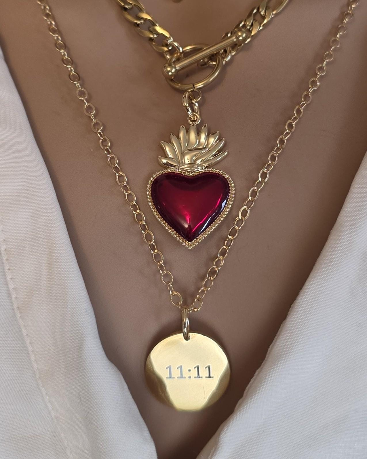 Gold Sacred Heart Layered Pendant Necklace Set - 3 Separate Necklaces, Angel Number 11:11