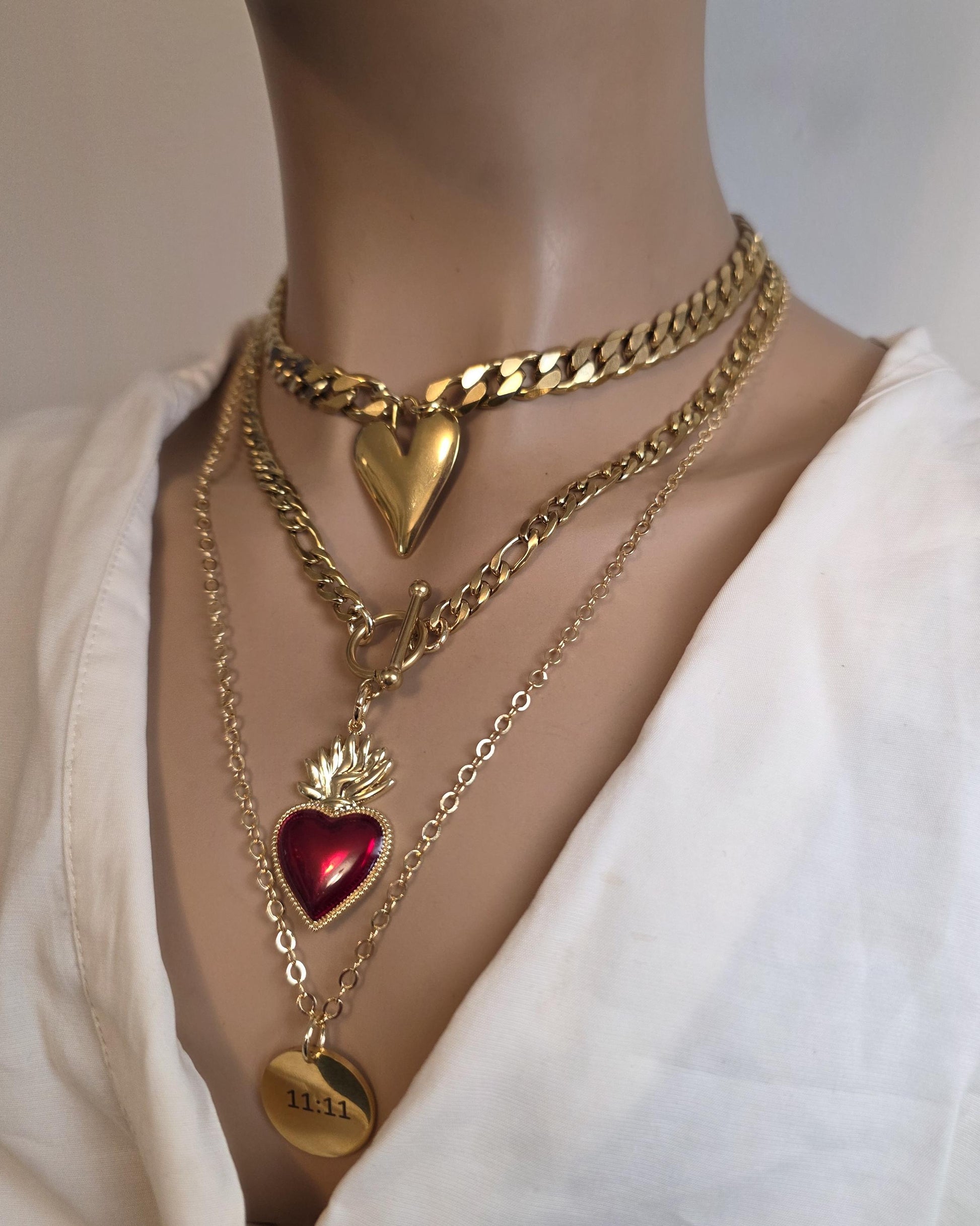 Gold Sacred Heart Layered Pendant Necklace Set - 3 Separate Necklaces, Angel Number 11:11