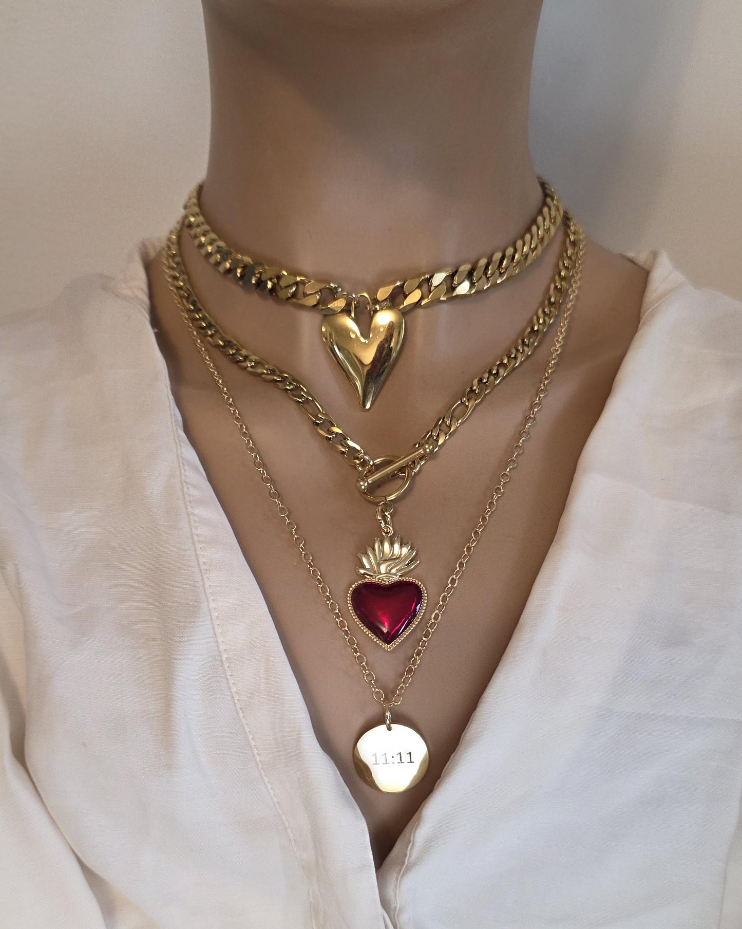 Gold Sacred Heart Layered Pendant Necklace Set - 3 Separate Necklaces, Angel Number 11:11