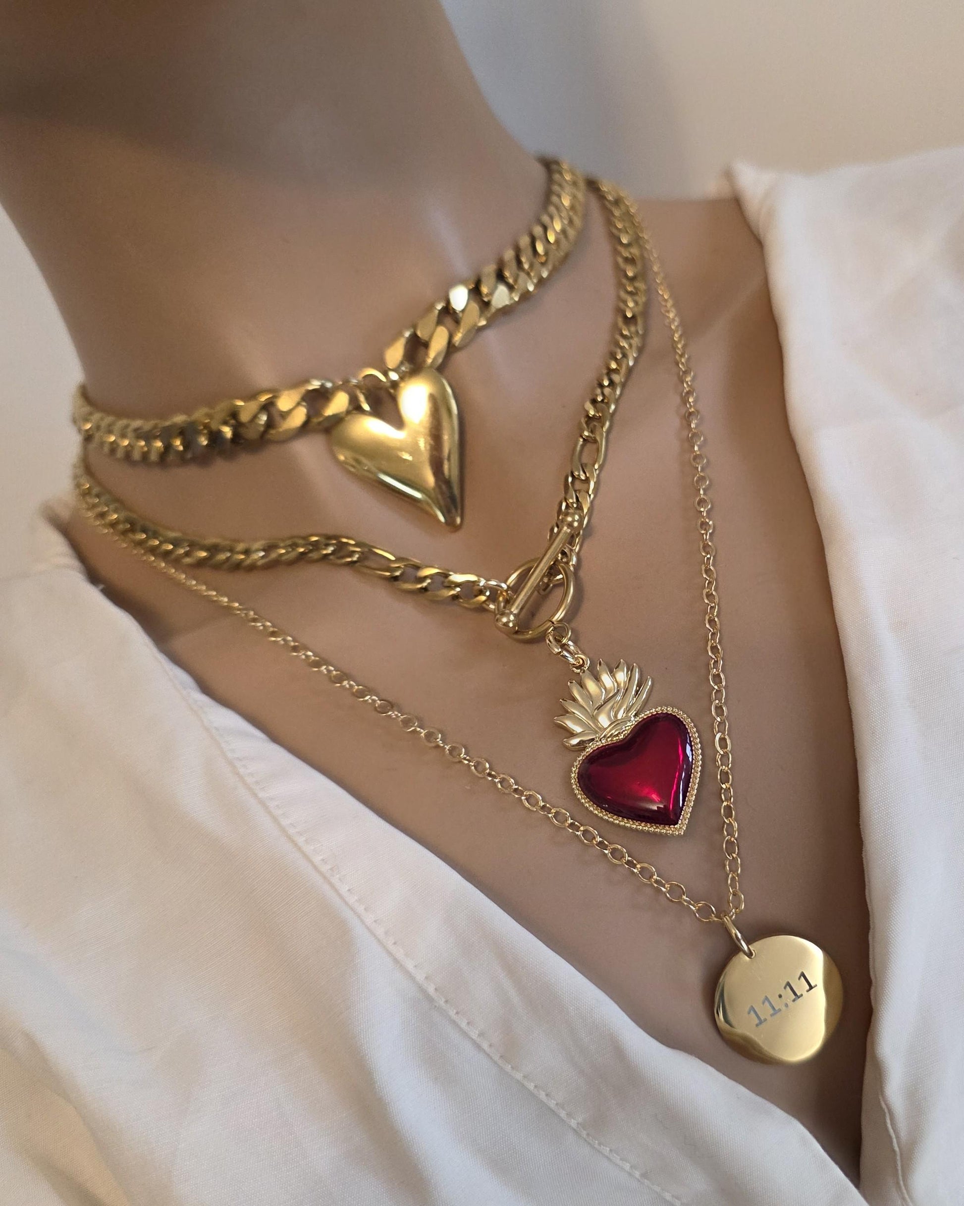 Gold Sacred Heart Layered Pendant Necklace Set - 3 Separate Necklaces, Angel Number 11:11