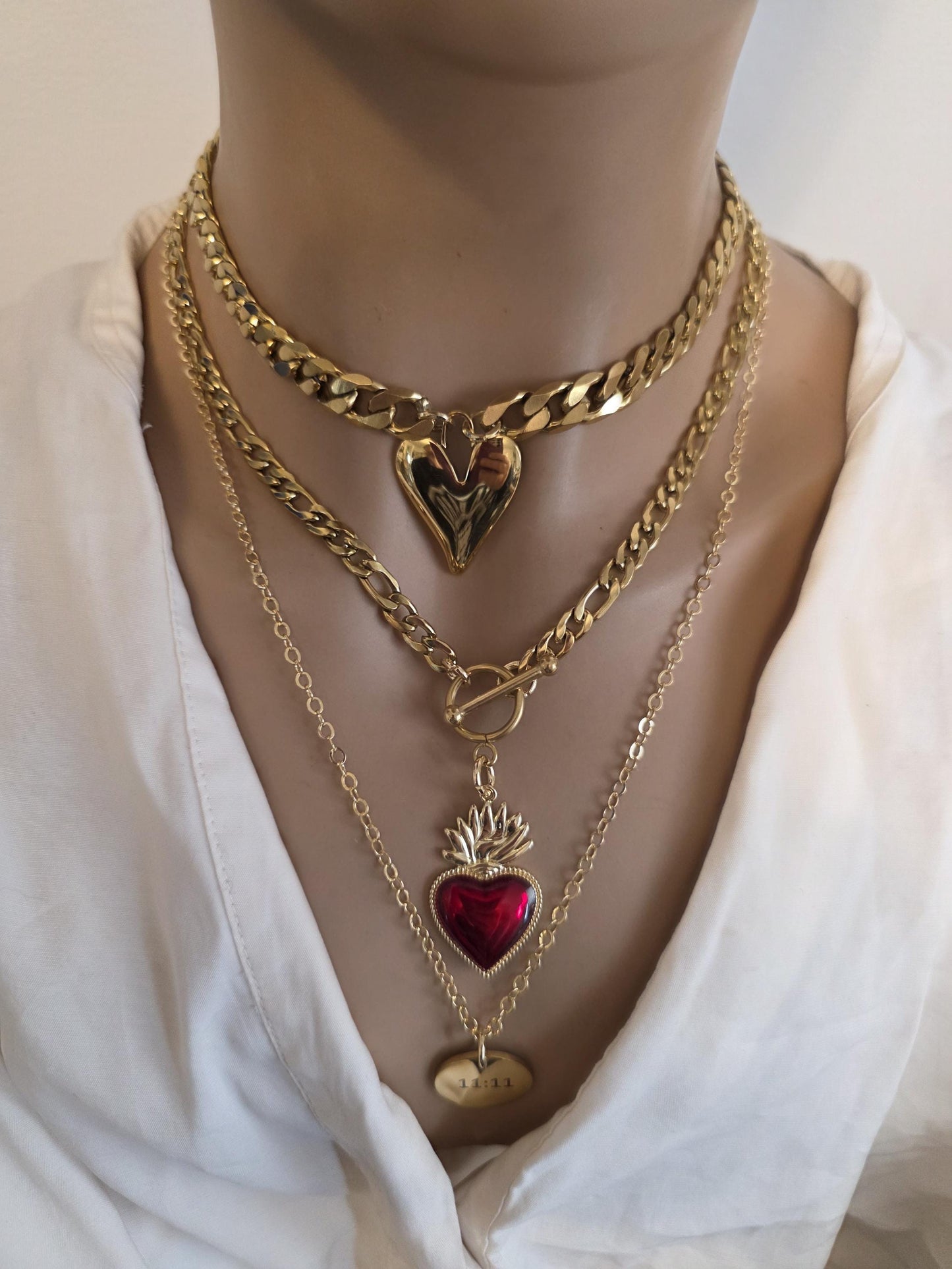 Gold Sacred Heart Layered Pendant Necklace Set - 3 Separate Necklaces, Angel Number 11:11