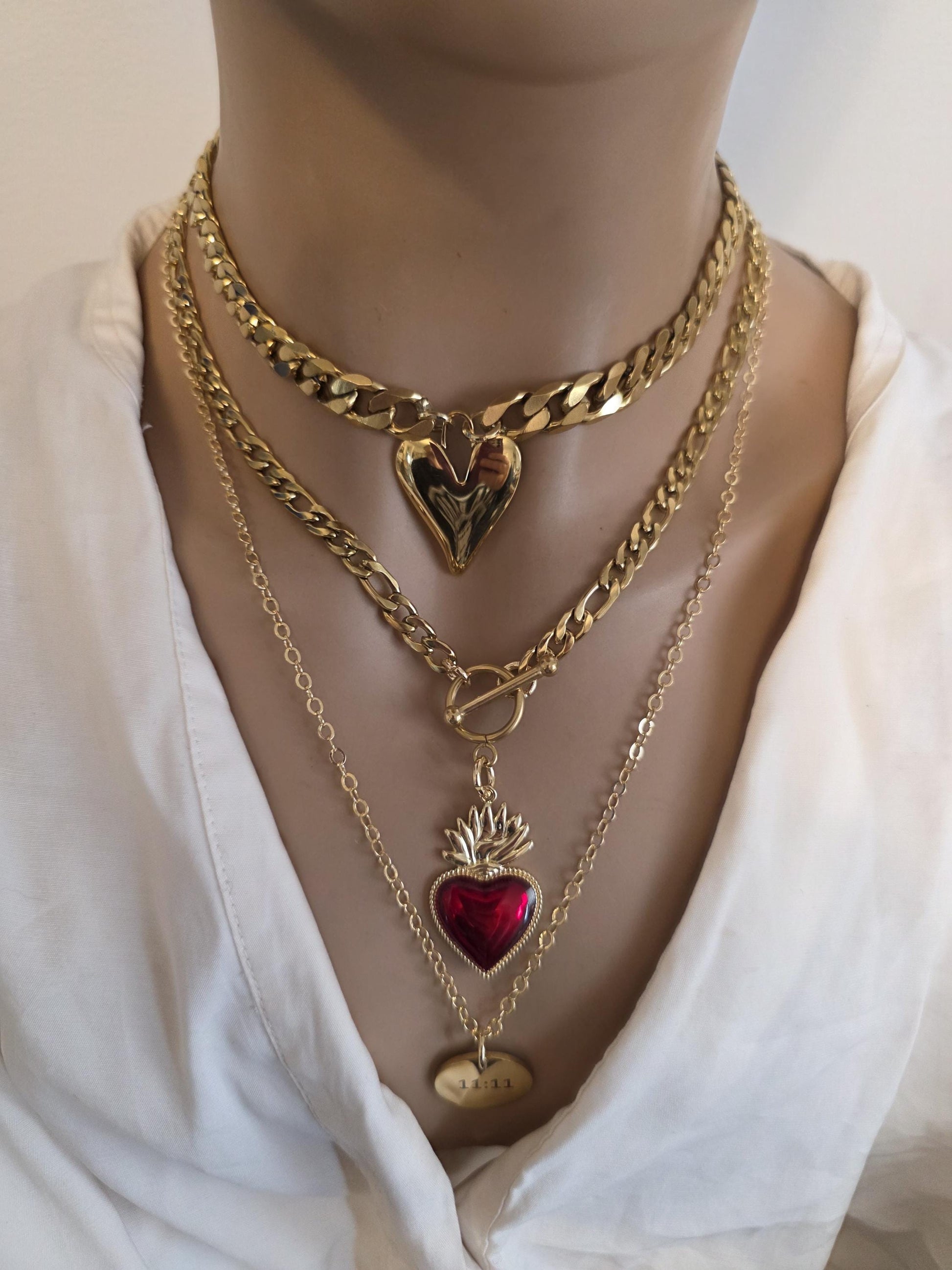 Gold Sacred Heart Layered Pendant Necklace Set - 3 Separate Necklaces, Angel Number 11:11