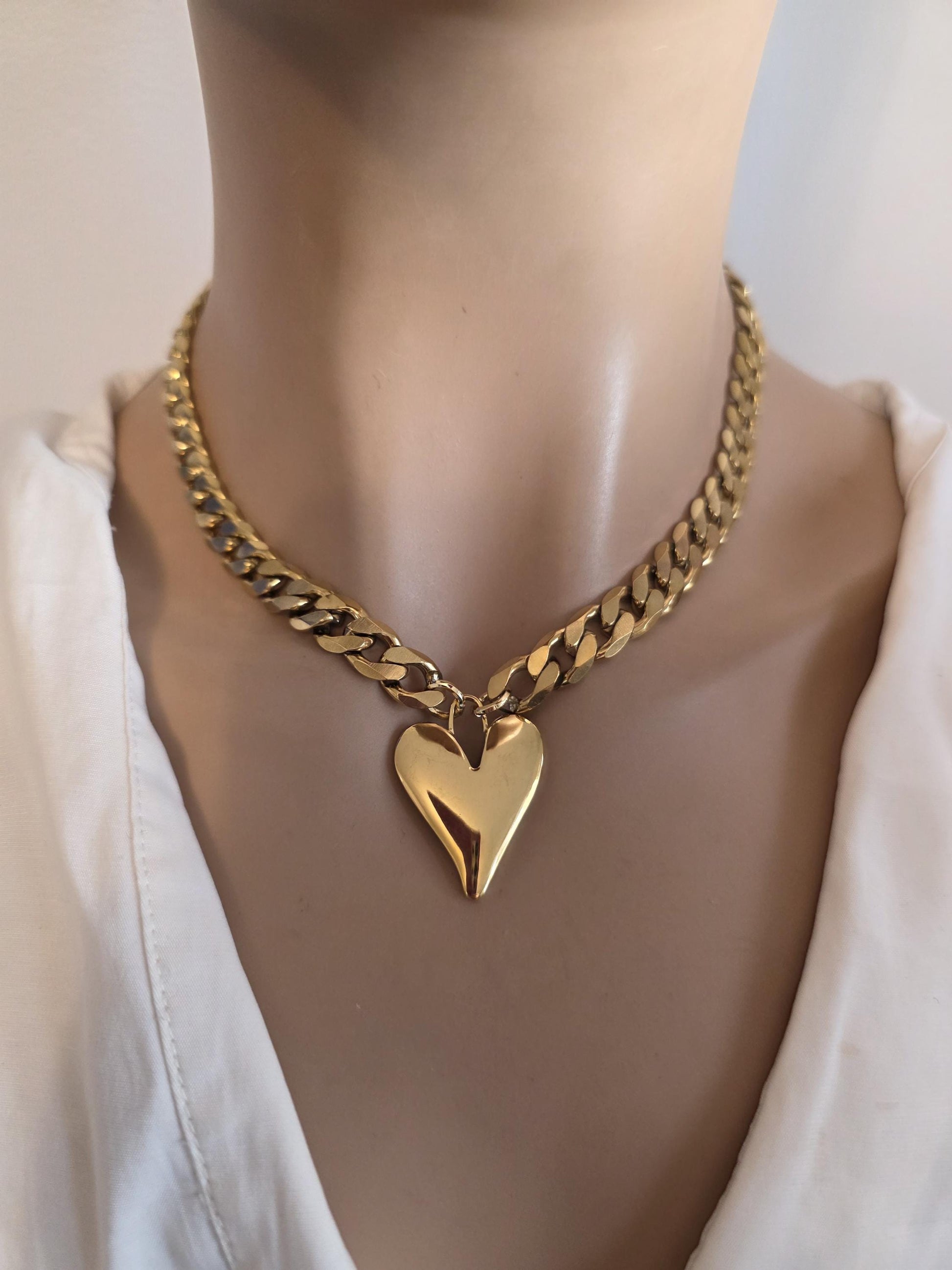 Gold Heart Pendant Necklace Choker Collar:  Maximalist Statement Jewelry