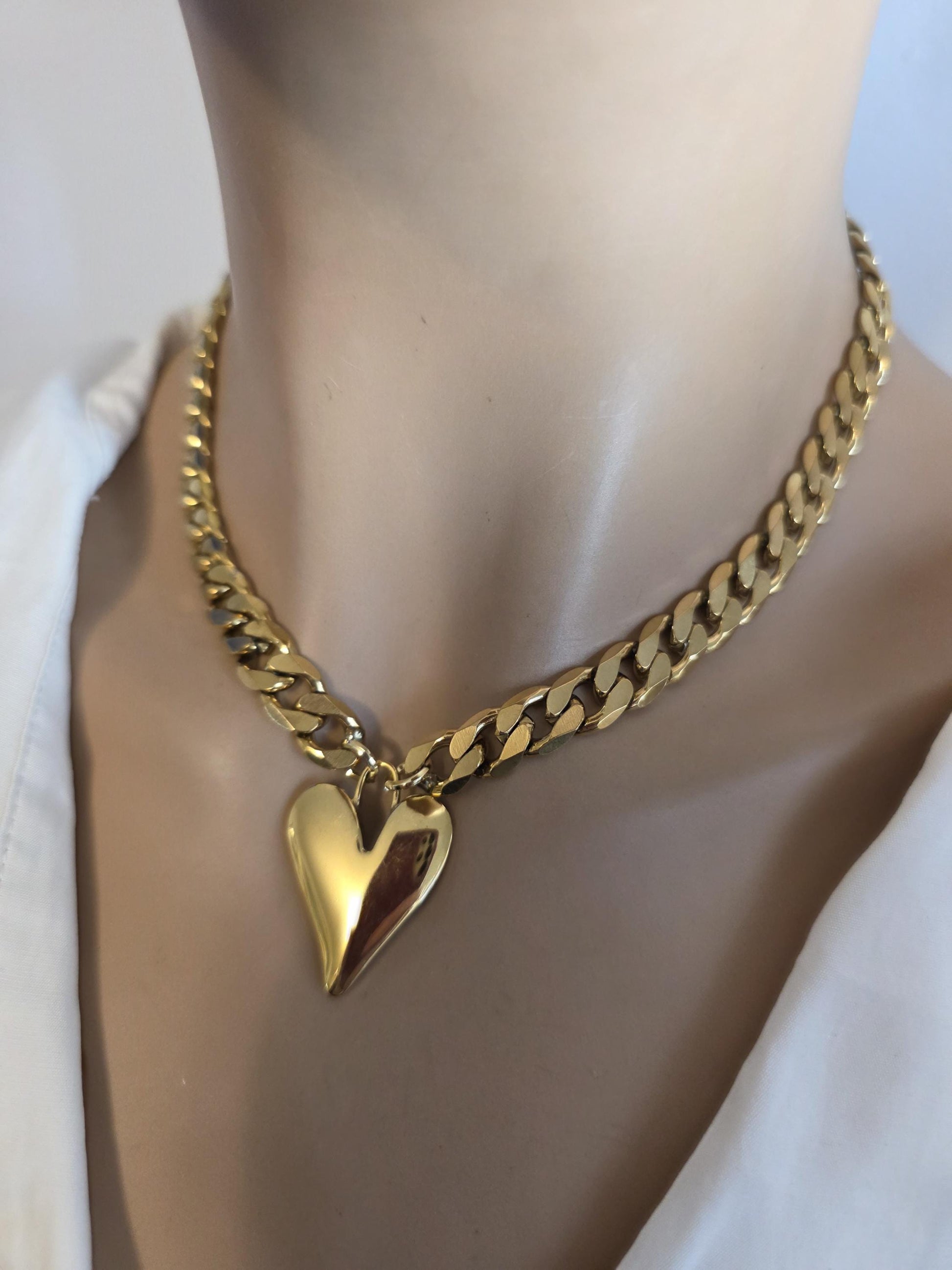 Gold Heart Pendant Necklace Choker Collar:  Maximalist Statement Jewelry