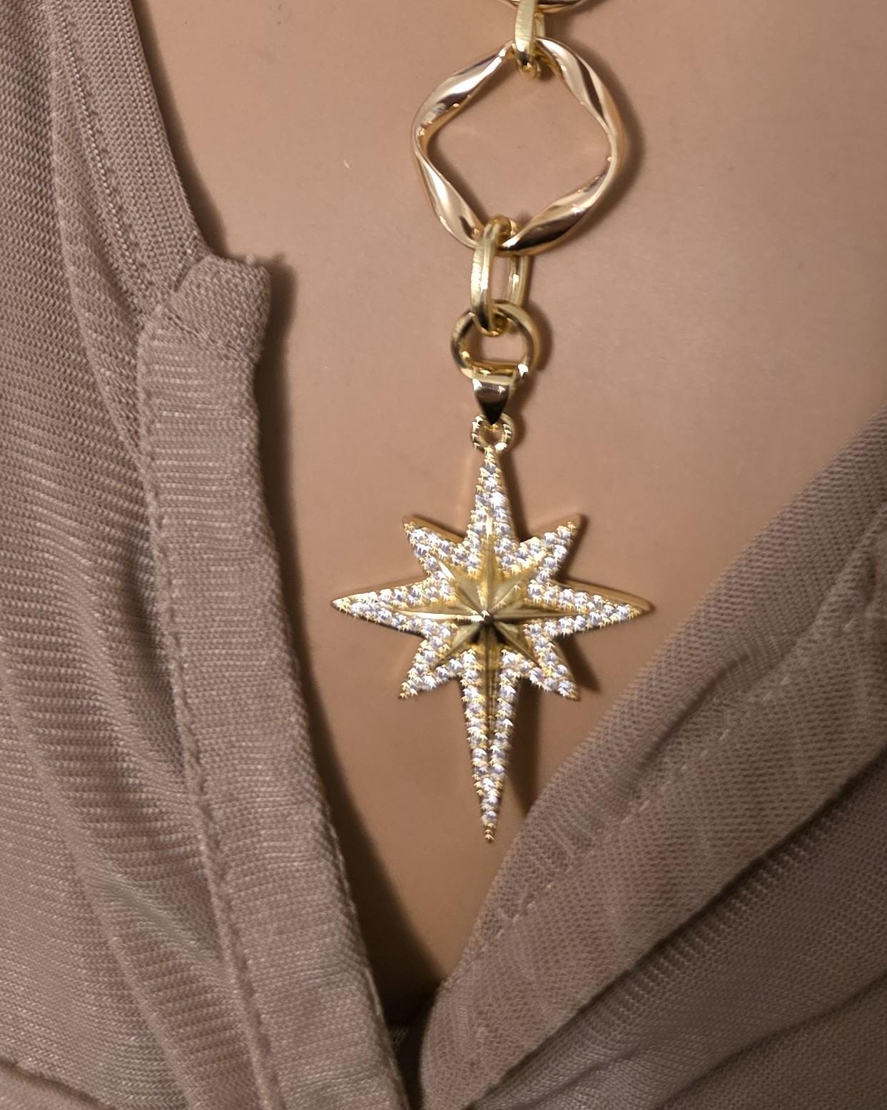 Gold Polaris North Star Celestial Pendant Statement Necklace: Cubic Zirconia Choker