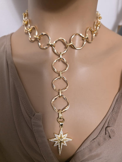 Gold Polaris North Star Celestial Pendant Statement Necklace: Cubic Zirconia Choker