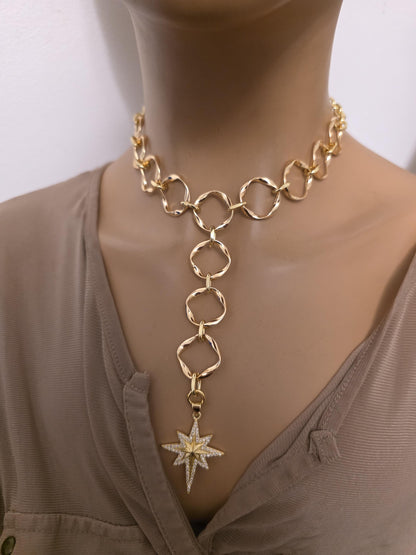 Gold Polaris North Star Celestial Pendant Statement Necklace: Cubic Zirconia Choker