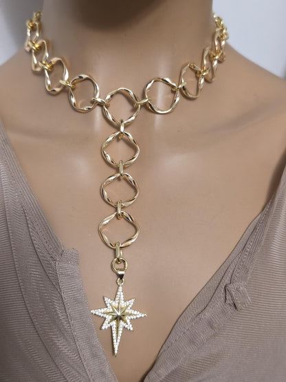 Gold Polaris North Star Celestial Pendant Statement Necklace: Cubic Zirconia Choker