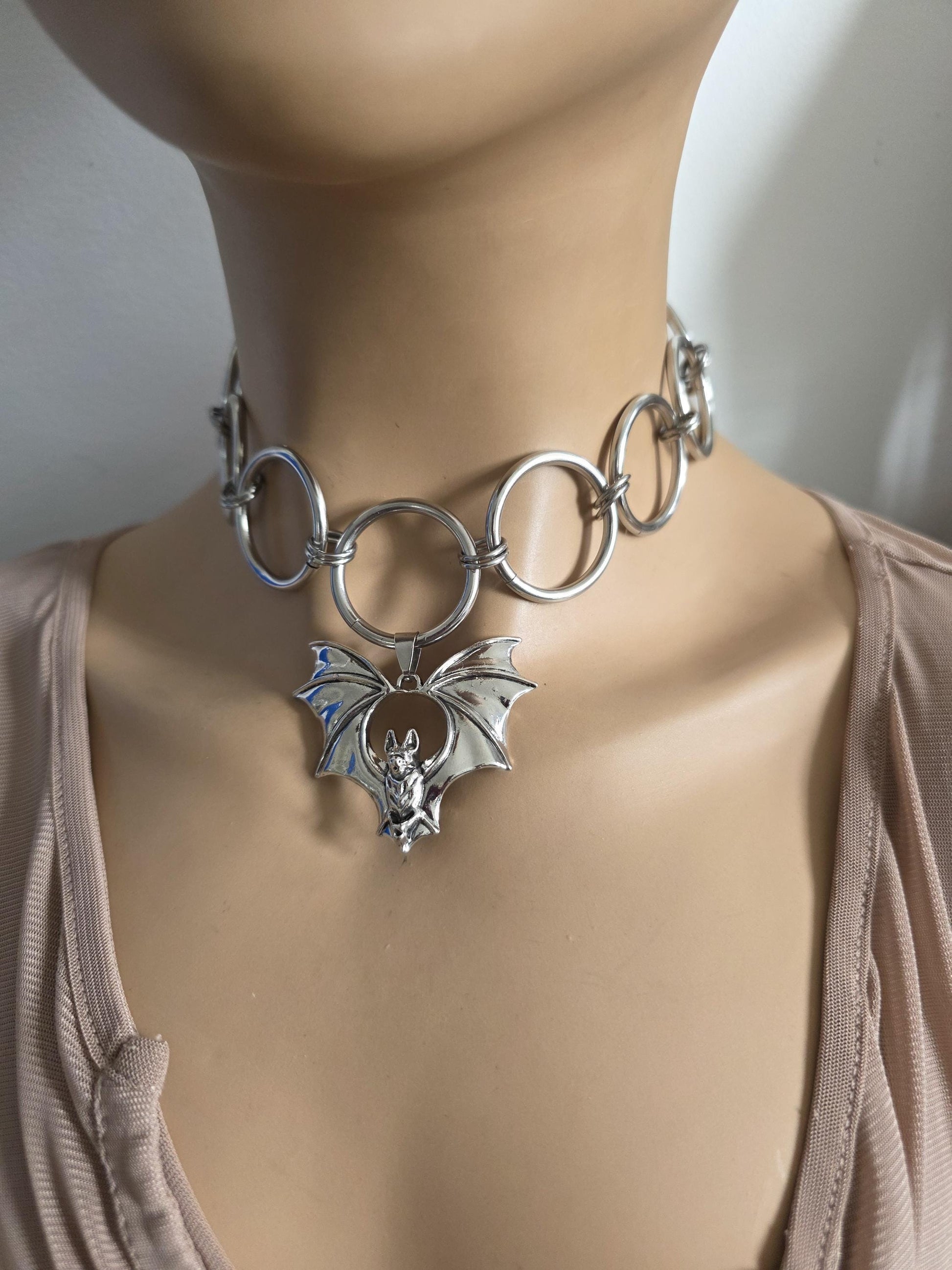 Bat Pendant Chainmail Choker Necklace: Gothic Occult Collar, Stainless Steel