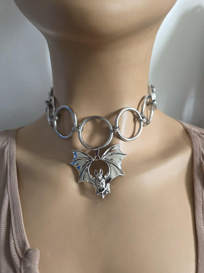 Bat Pendant Chainmail Choker Necklace: Gothic Occult Collar, Stainless Steel