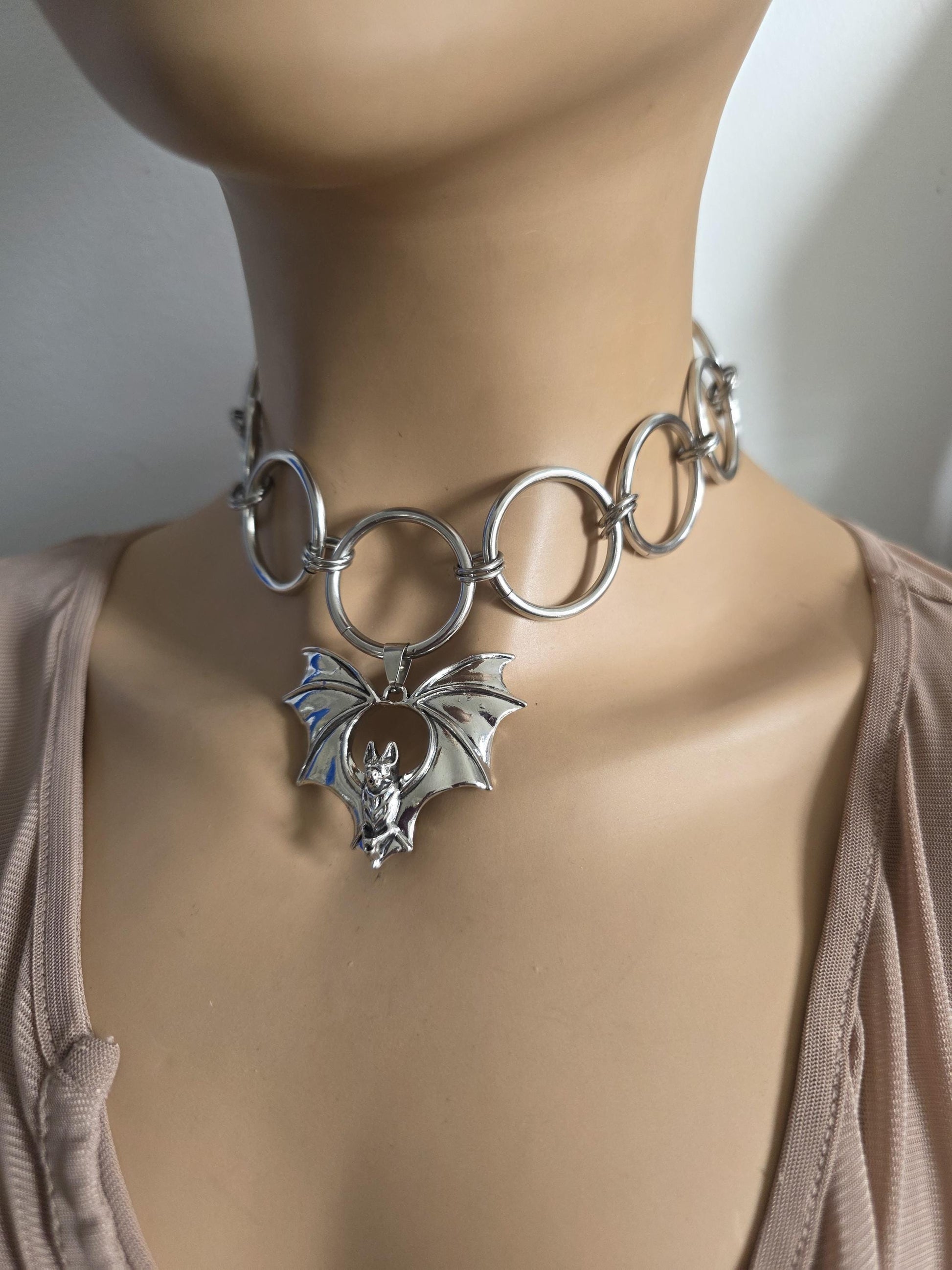 Bat Pendant Chainmail Choker Necklace: Gothic Occult Collar, Stainless Steel