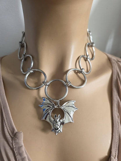 Bat Pendant Chainmail Choker Necklace: Gothic Occult Collar, Stainless Steel