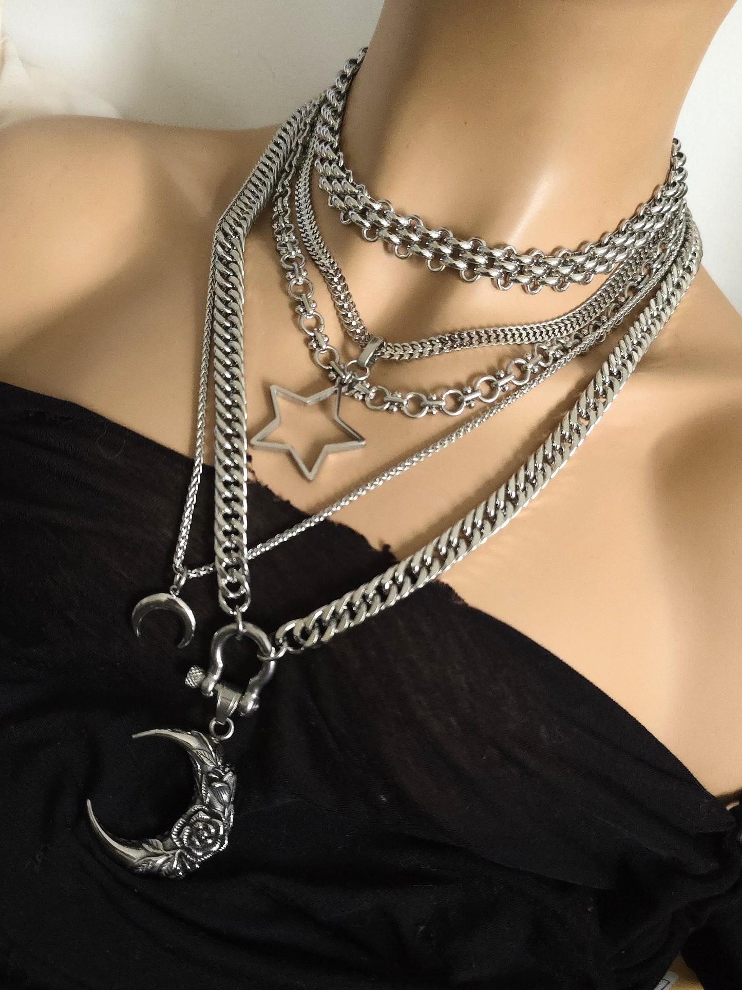 Layered Star Crescent Moon Chunky Gothic Pendant Necklace Set: Steel Statement Celestial Jewelry