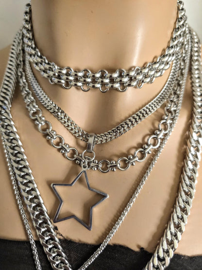 Layered Star Crescent Moon Chunky Gothic Pendant Necklace Set: Steel Statement Celestial Jewelry