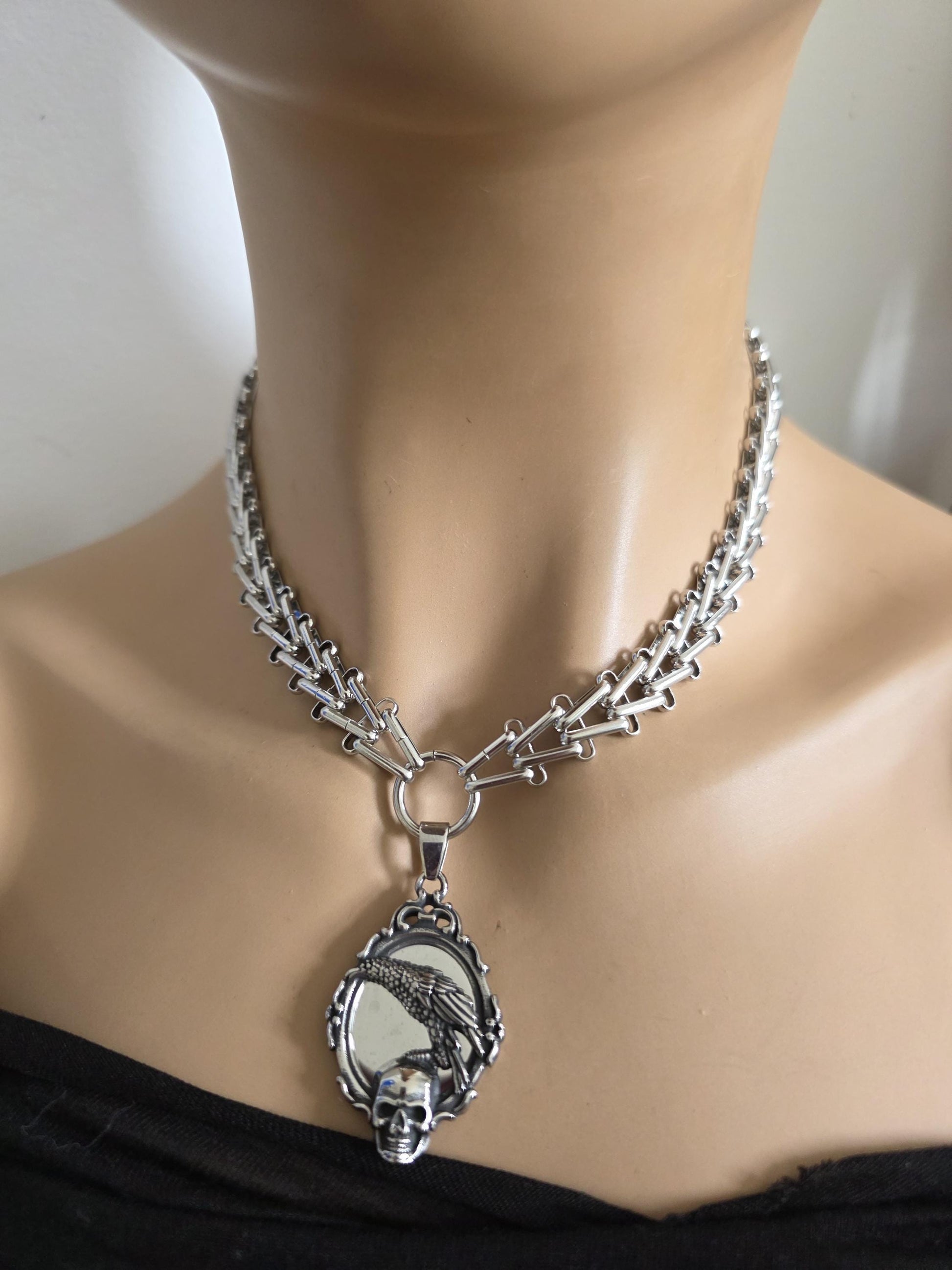 Raven and Skull Gothic Pendant Necklace – Norse Valkyrie Choker, Stainless Steel Viking Jewelry for Men & Women