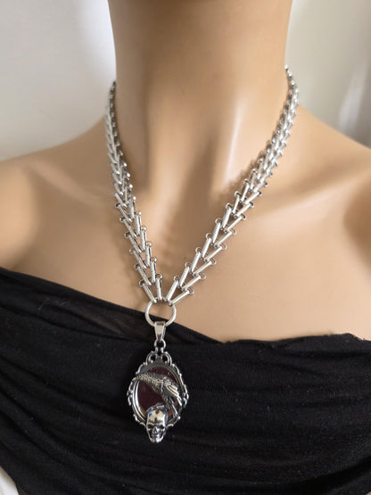 Raven and Skull Gothic Pendant Necklace – Norse Valkyrie Choker, Stainless Steel Viking Jewelry for Men & Women