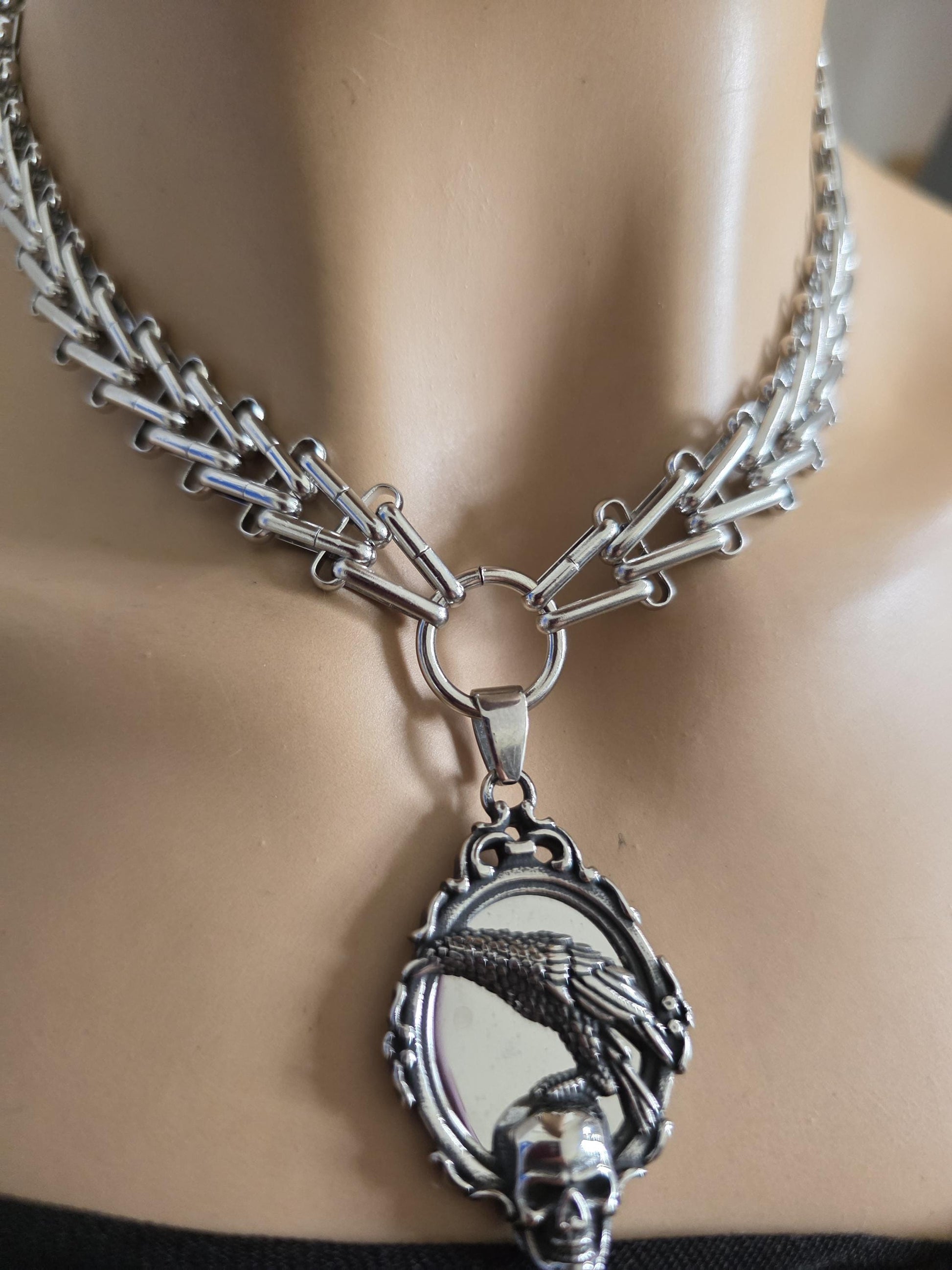 Raven and Skull Gothic Pendant Necklace – Norse Valkyrie Choker, Stainless Steel Viking Jewelry for Men & Women