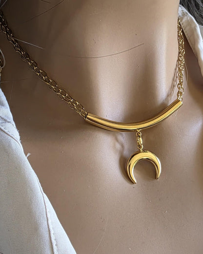 Gold Crescent Horn Moon Pendant Multi Strand Necklace: Witchy Celestial Jewelry