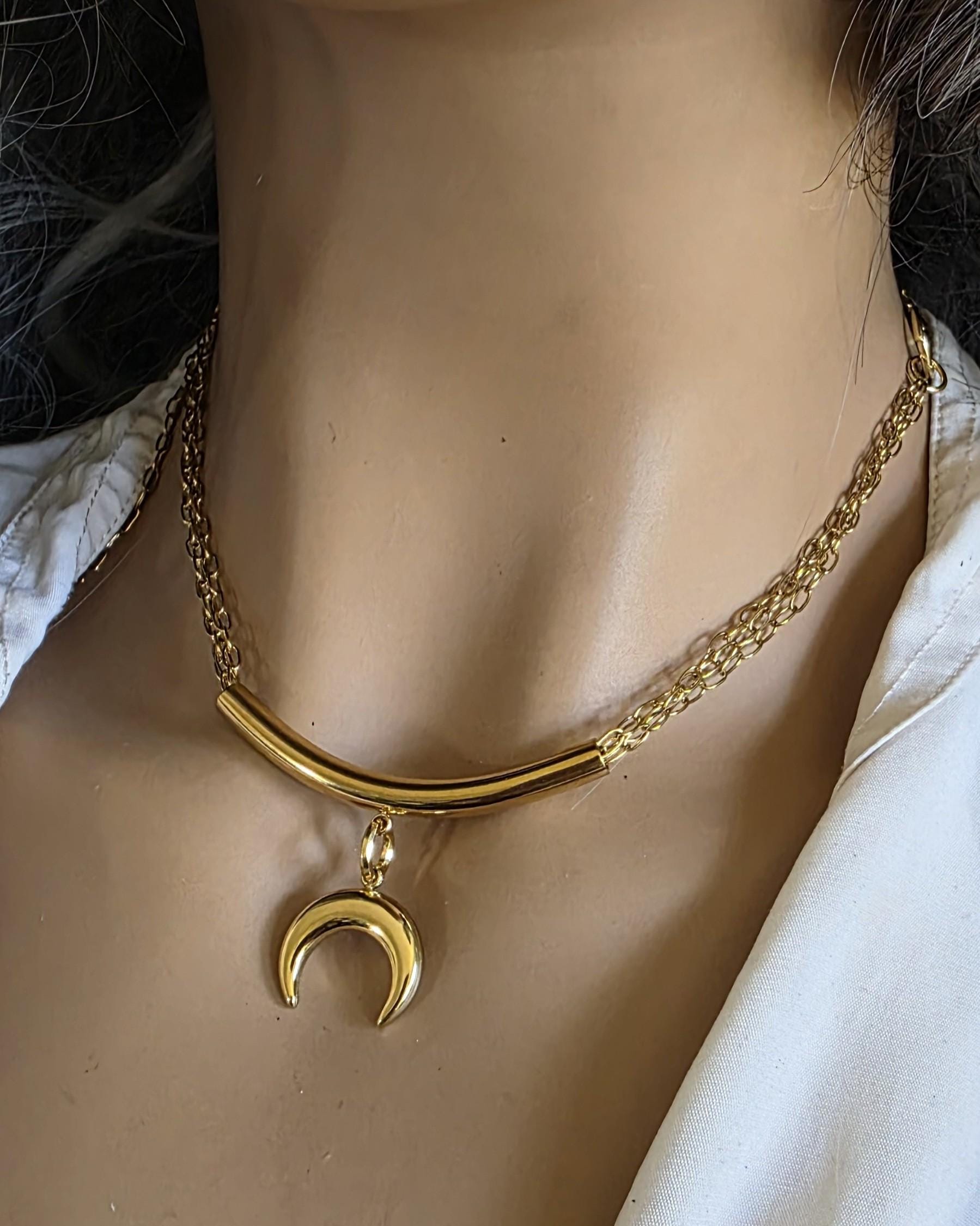 Gold Crescent Horn Moon Pendant Multi Strand Necklace: Witchy Celestial Jewelry