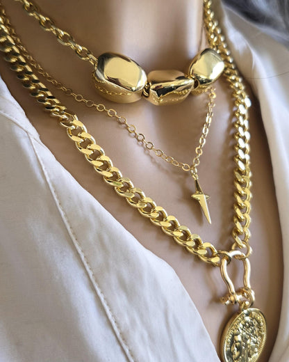 Gold Layered Multi Strand Chunky Chain Necklace Set with Coin Medallion, North Star Polaris, and Gold Nuggets