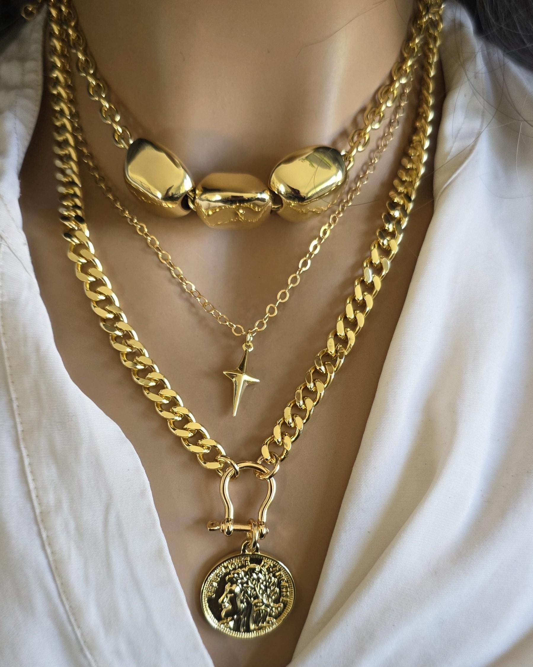 Gold Layered Multi Strand Chunky Chain Necklace Set with Coin Medallion, North Star Polaris, and Gold Nuggets