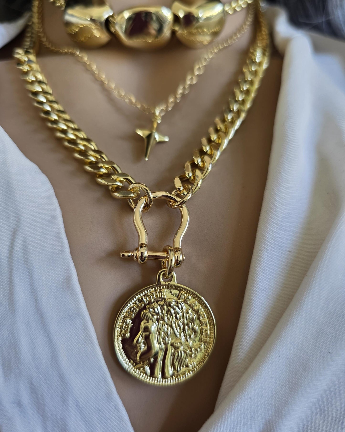 Gold Layered Multi Strand Chunky Chain Necklace Set with Coin Medallion, North Star Polaris, and Gold Nuggets