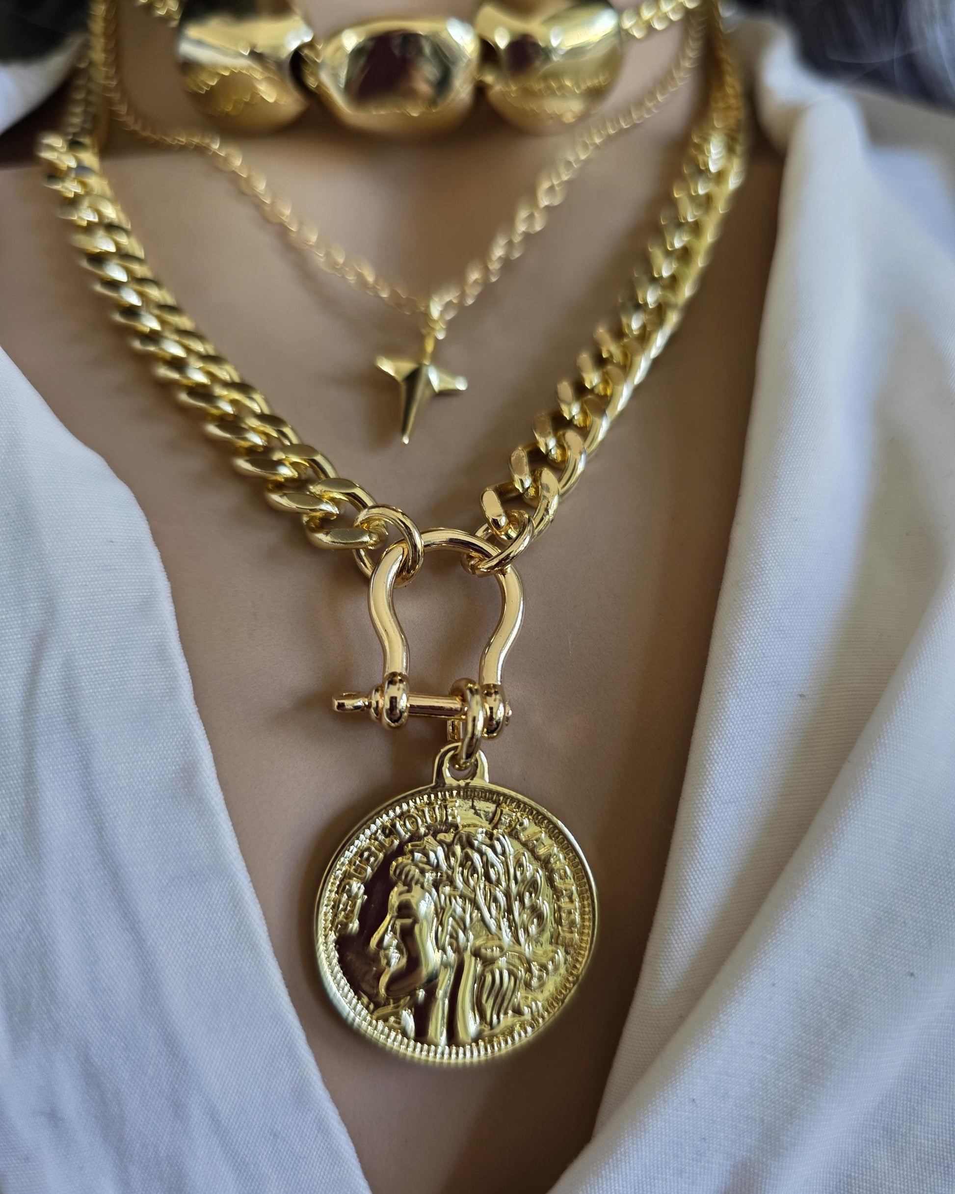 Gold Layered Multi Strand Chunky Chain Necklace Set with Coin Medallion, North Star Polaris, and Gold Nuggets