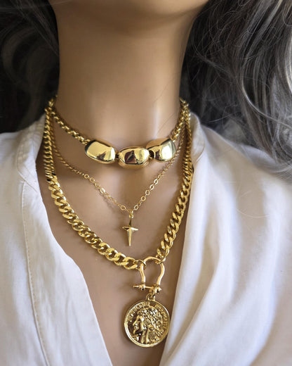 Gold Layered Multi Strand Chunky Chain Necklace Set with Coin Medallion, North Star Polaris, and Gold Nuggets