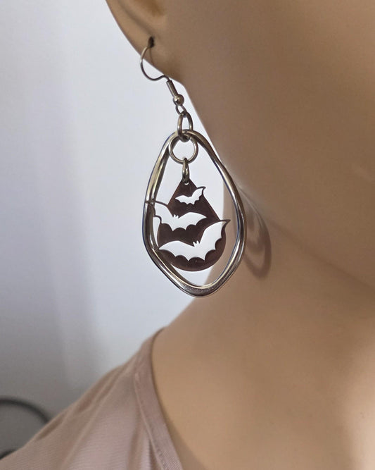 Gothic Vampire Bat Dangle Earrings: Steel Ear Wires,  Handmade Halloween Witchy Goth Jewelry