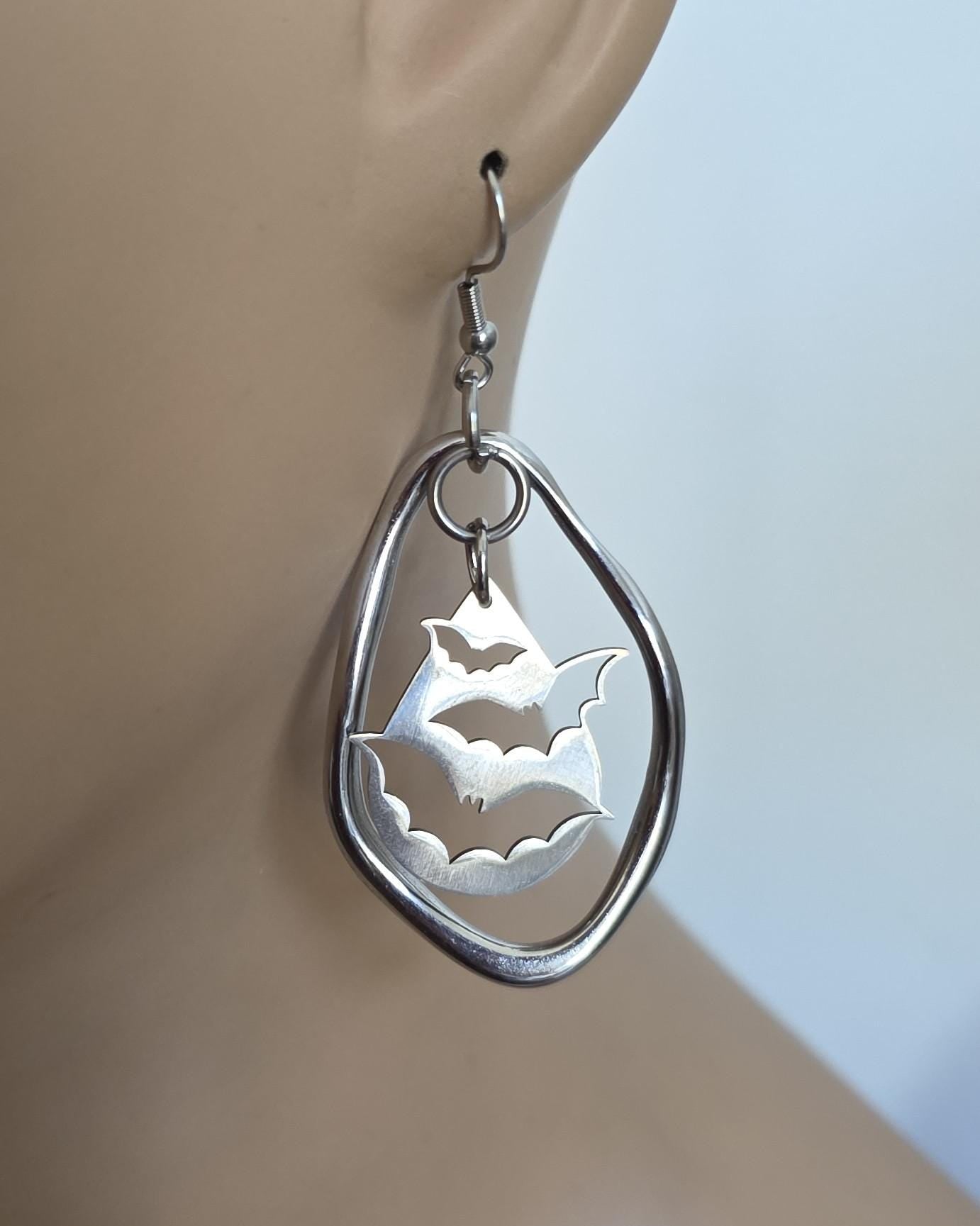 Gothic Vampire Bat Dangle Earrings: Steel Ear Wires,  Handmade Halloween Witchy Goth Jewelry