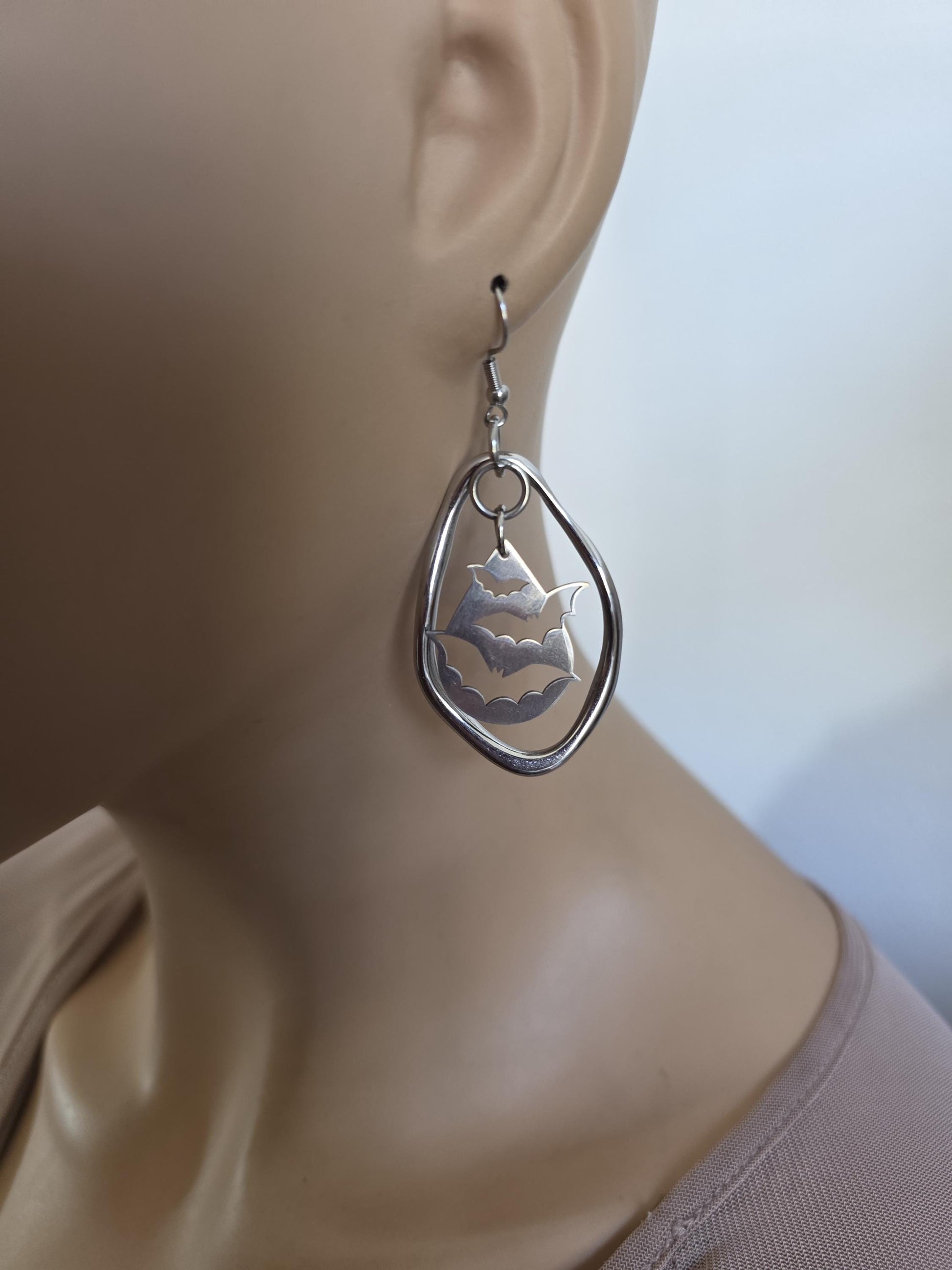 Gothic Vampire Bat Dangle Earrings: Steel Ear Wires,  Handmade Halloween Witchy Goth Jewelry