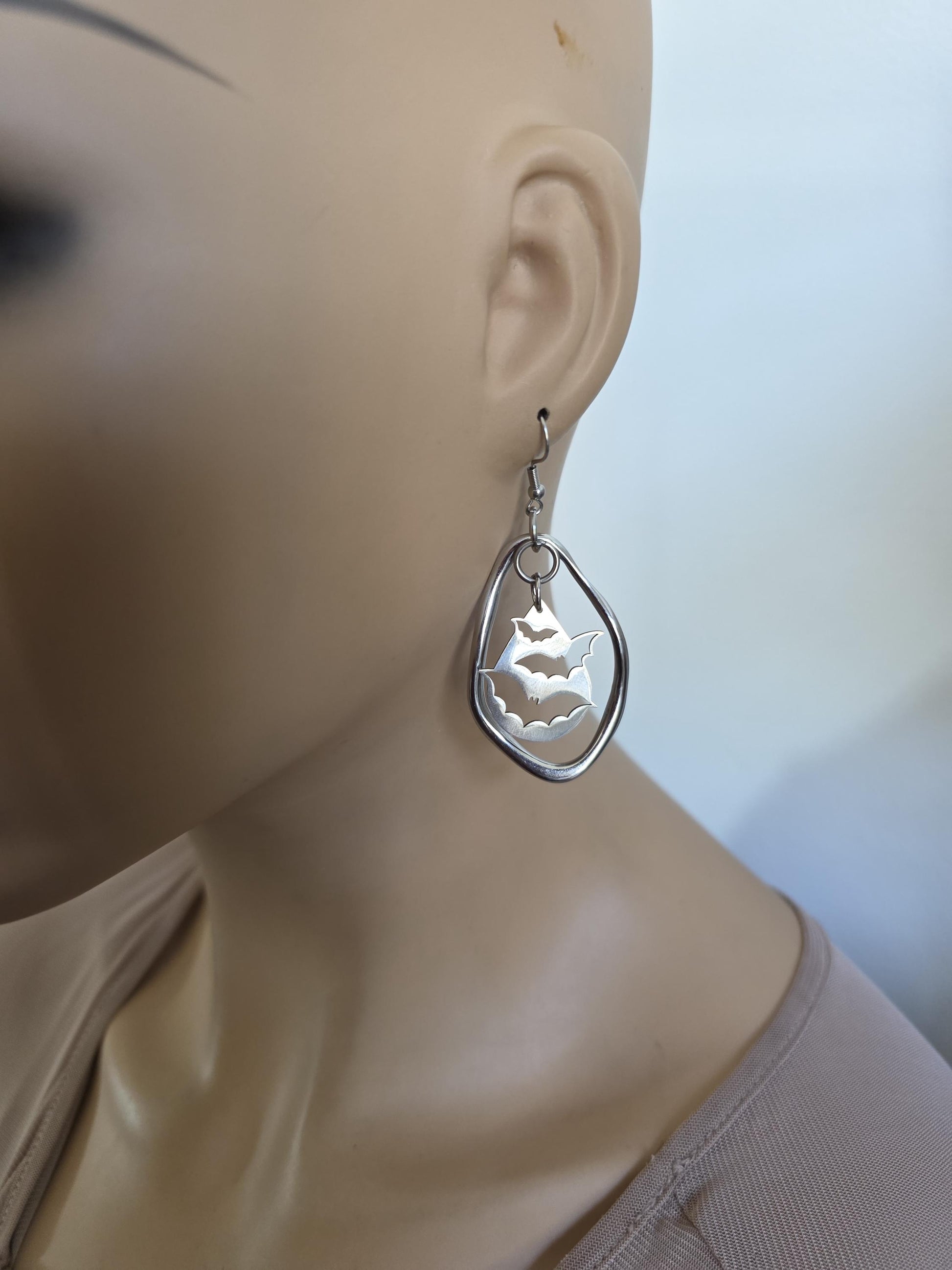 Gothic Vampire Bat Dangle Earrings: Steel Ear Wires,  Handmade Halloween Witchy Goth Jewelry