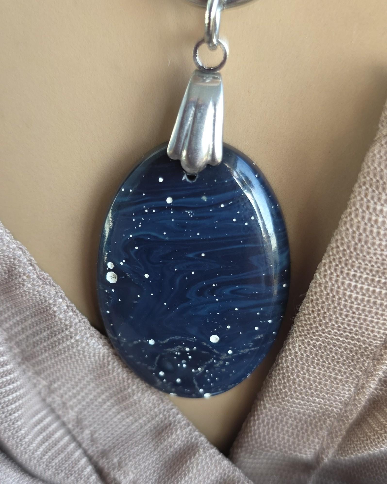 Celestial Triple Moon Leland Blue Glass Pendant Necklace with Star Charm – Layered Statement Choker