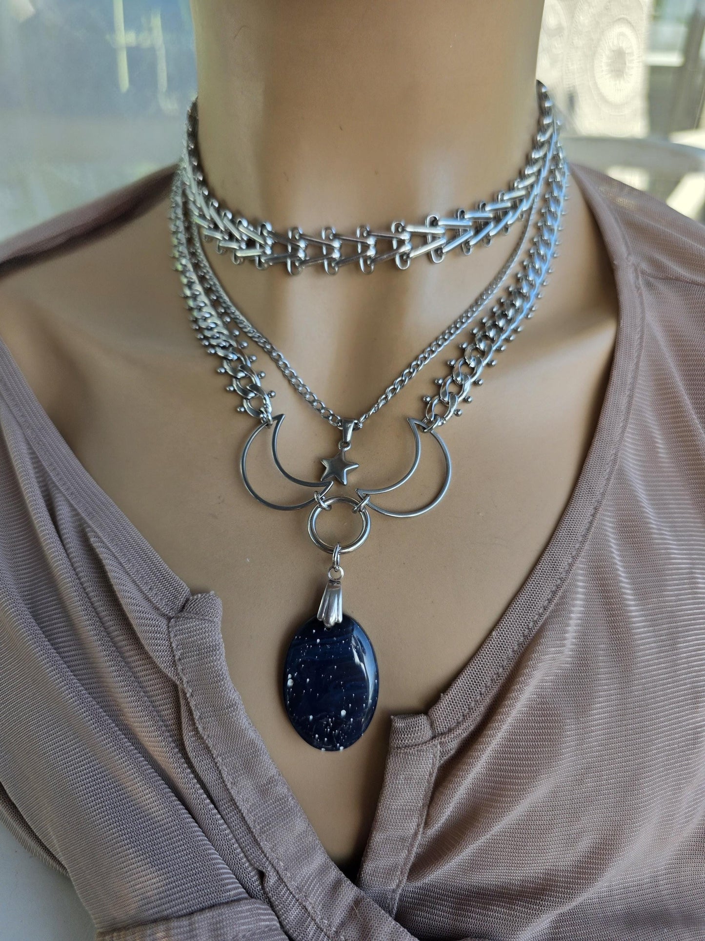Celestial Triple Moon Leland Blue Glass Pendant Necklace with Star Charm – Layered Statement Choker