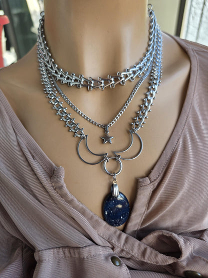 Celestial Triple Moon Leland Blue Glass Pendant Necklace with Star Charm – Layered Statement Choker