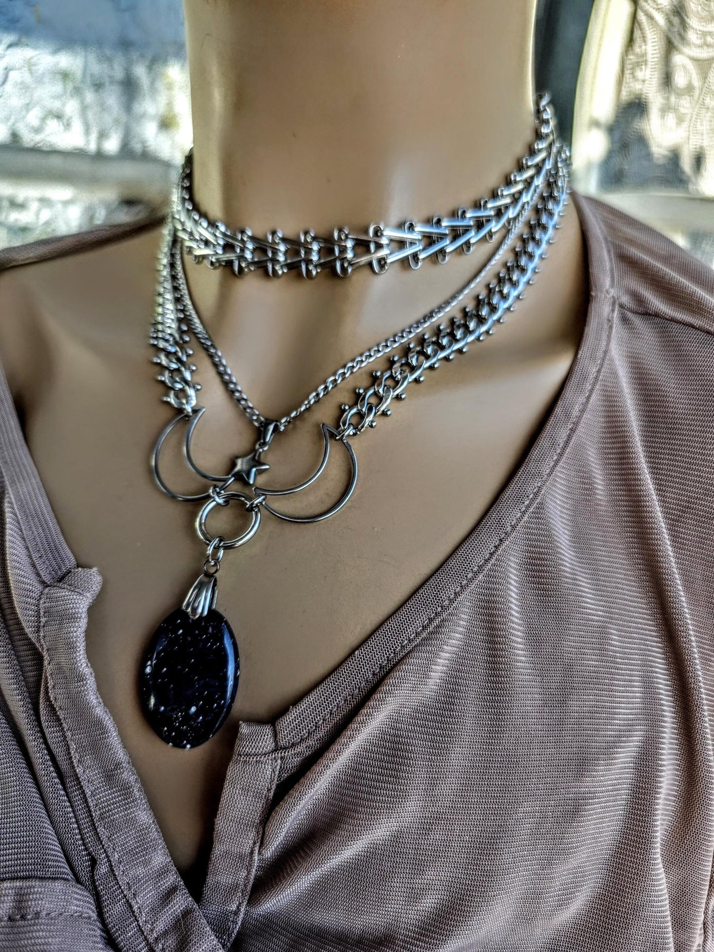 Celestial Triple Moon Leland Blue Glass Pendant Necklace with Star Charm – Layered Statement Choker