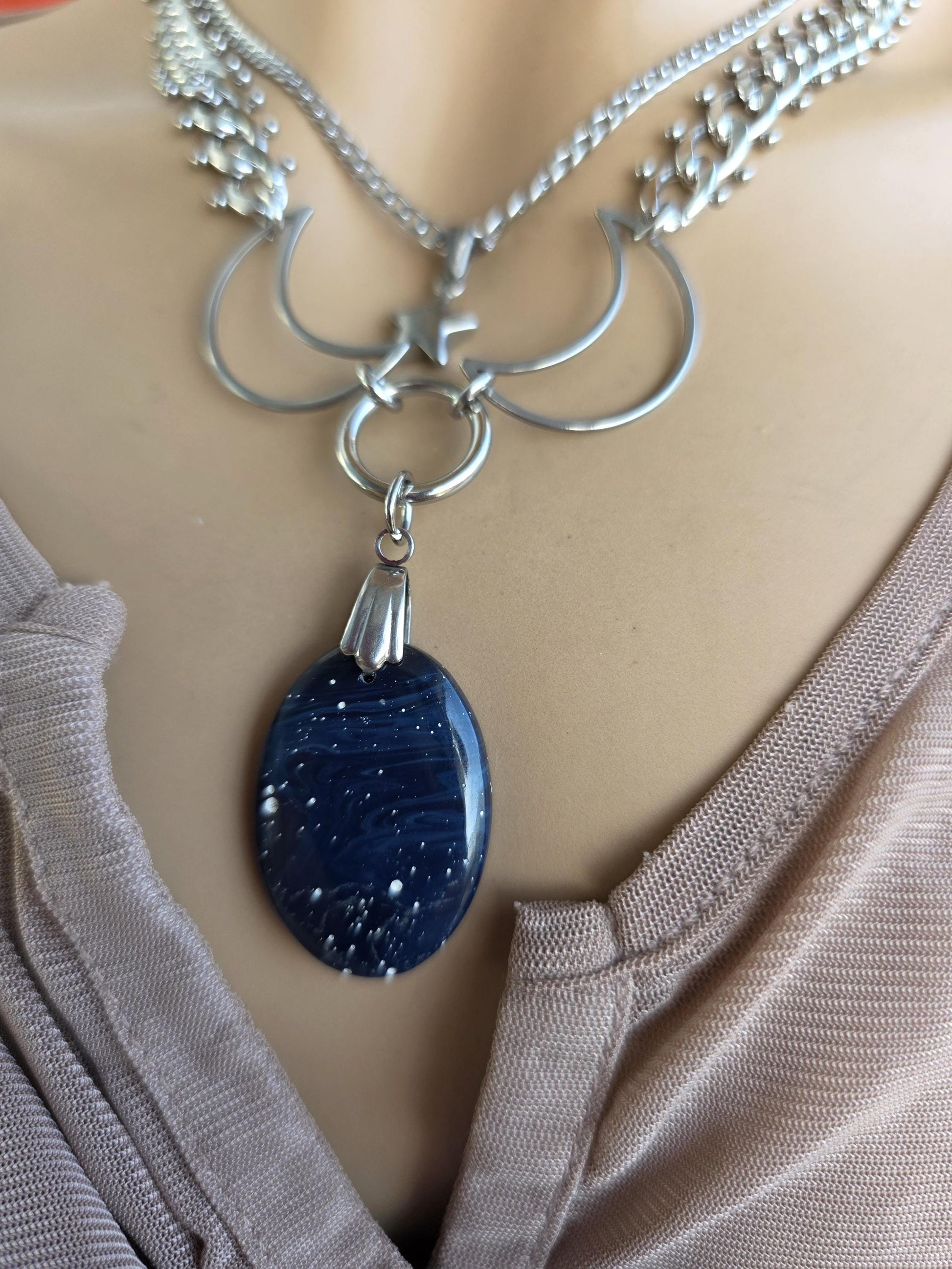 Celestial Triple Moon Leland Blue Glass Pendant Necklace with Star Charm – Layered Statement Choker