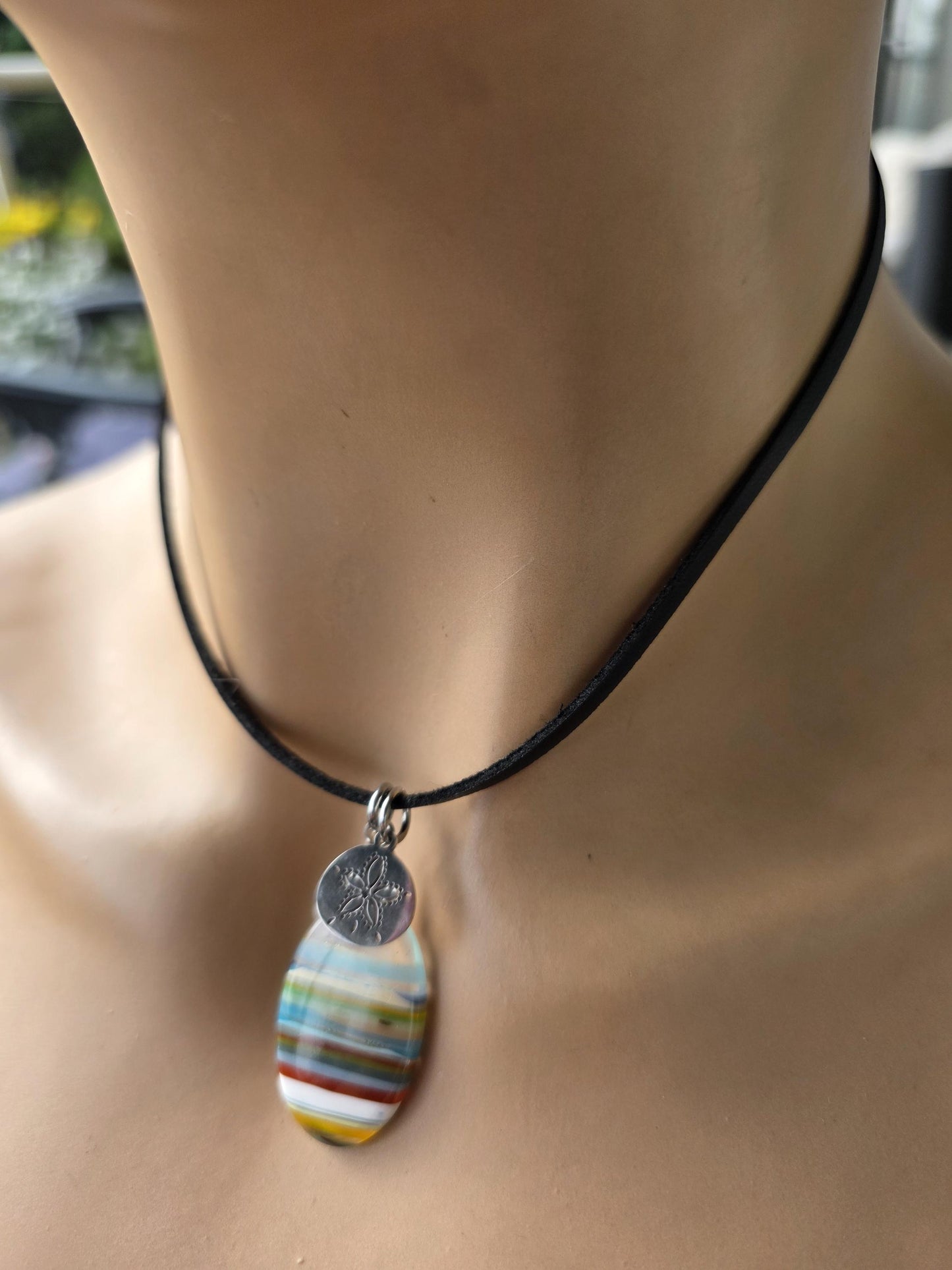 Upcycled Surfboard Resin Pendant on Adjustable Leather Cord – Eco Friendly Ocean Jewelry – Striped Beach Necklace – Unisex Boho Surfer Gift