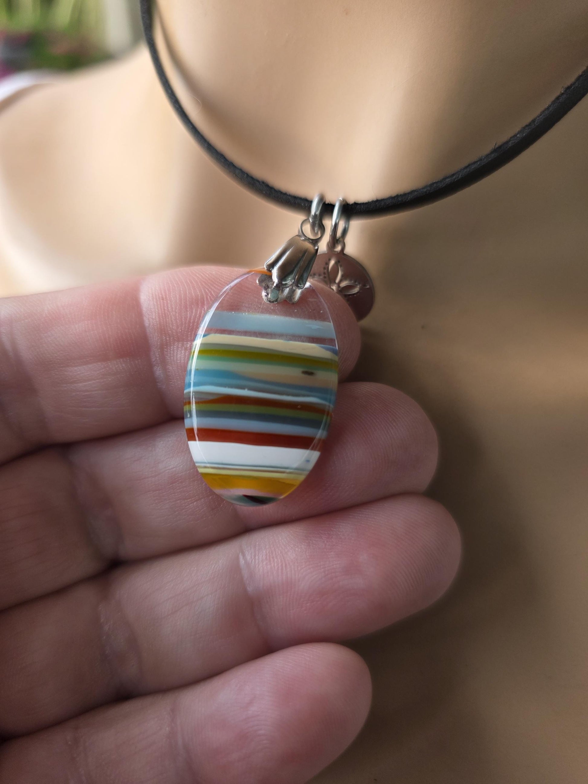 Upcycled Surfboard Resin Pendant on Adjustable Leather Cord – Eco Friendly Ocean Jewelry – Striped Beach Necklace – Unisex Boho Surfer Gift