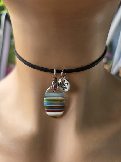 Upcycled Surfboard Resin Pendant on Adjustable Leather Cord – Eco Friendly Ocean Jewelry – Striped Beach Necklace – Unisex Boho Surfer Gift