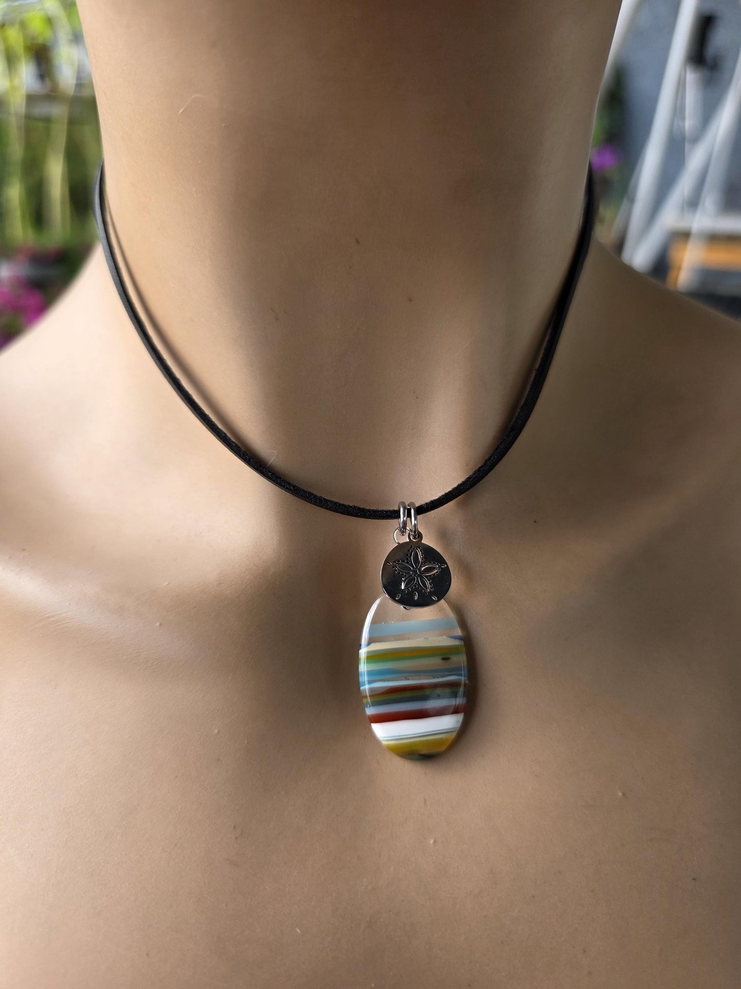 Upcycled Surfboard Resin Pendant on Adjustable Leather Cord – Eco Friendly Ocean Jewelry – Striped Beach Necklace – Unisex Boho Surfer Gift