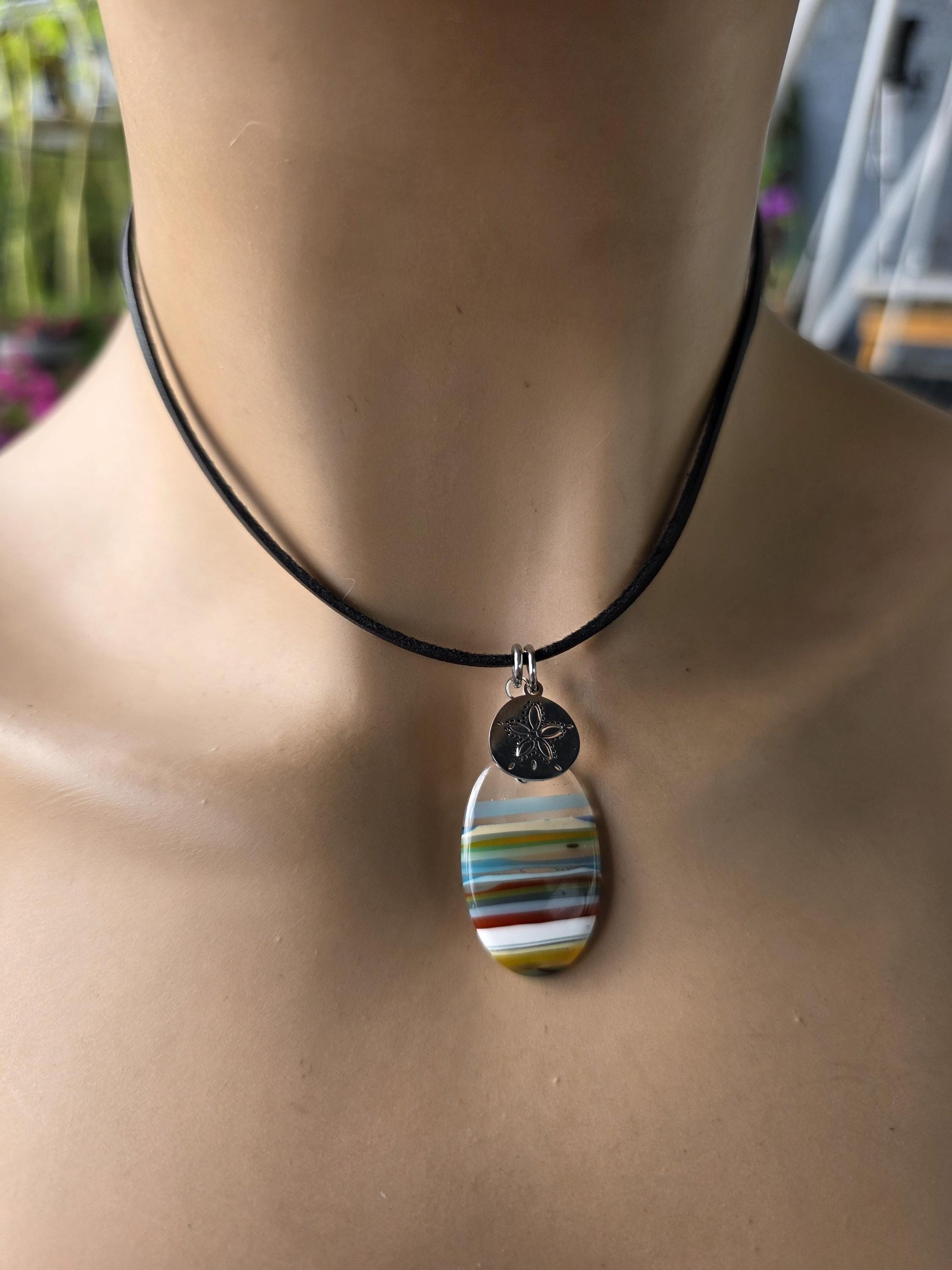 Upcycled Surfboard Resin Pendant on Adjustable Leather Cord – Eco Friendly Ocean Jewelry – Striped Beach Necklace – Unisex Boho Surfer Gift