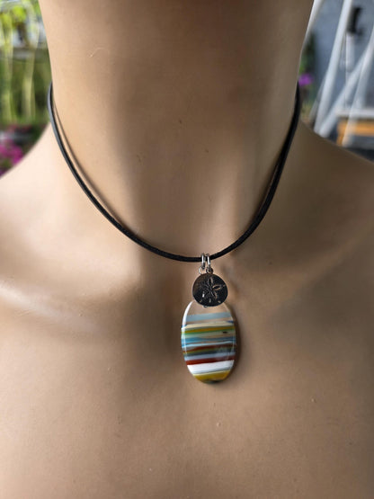 Upcycled Surfboard Resin Pendant on Adjustable Leather Cord – Eco Friendly Ocean Jewelry – Striped Beach Necklace – Unisex Boho Surfer Gift