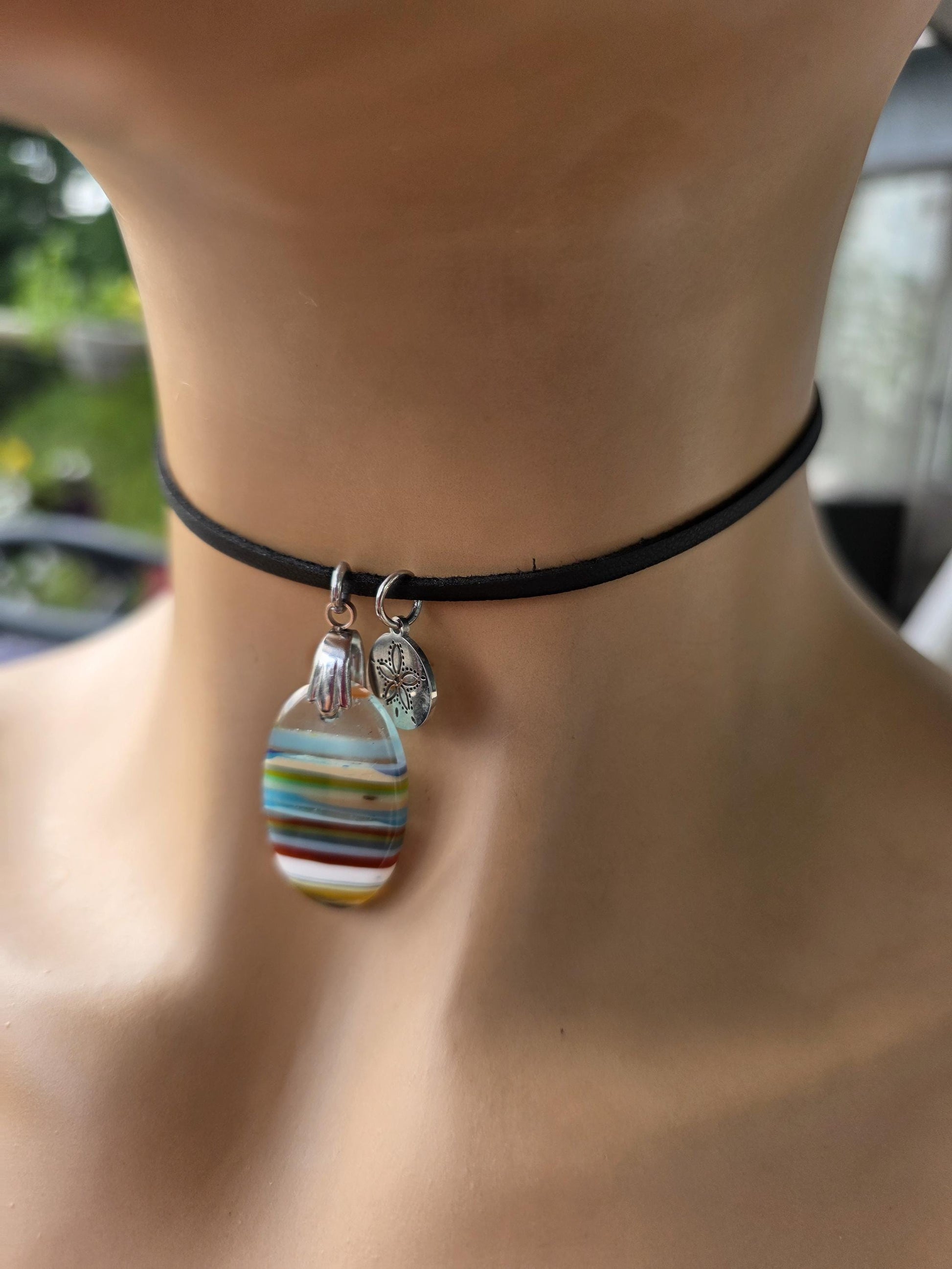 Upcycled Surfboard Resin Pendant on Adjustable Leather Cord – Eco Friendly Ocean Jewelry – Striped Beach Necklace – Unisex Boho Surfer Gift