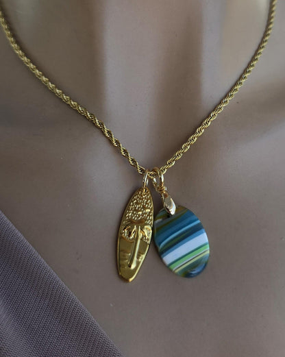 Upcycled Surfboard Resin Pendant with Gold Surfer Charm Necklace – Eco Friendly Ocean Jewelry
