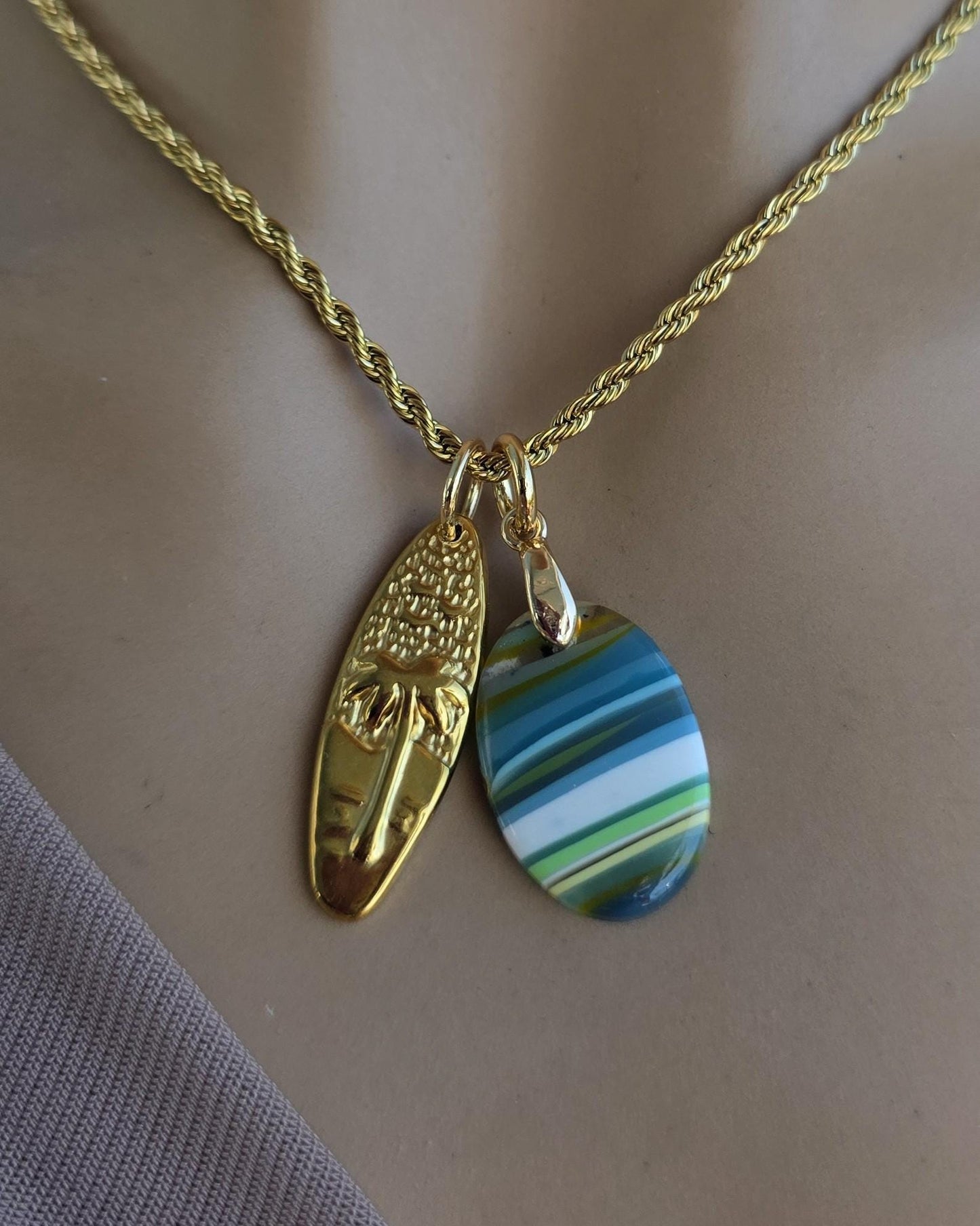 Upcycled Surfboard Resin Pendant with Gold Surfer Charm Necklace – Eco Friendly Ocean Jewelry