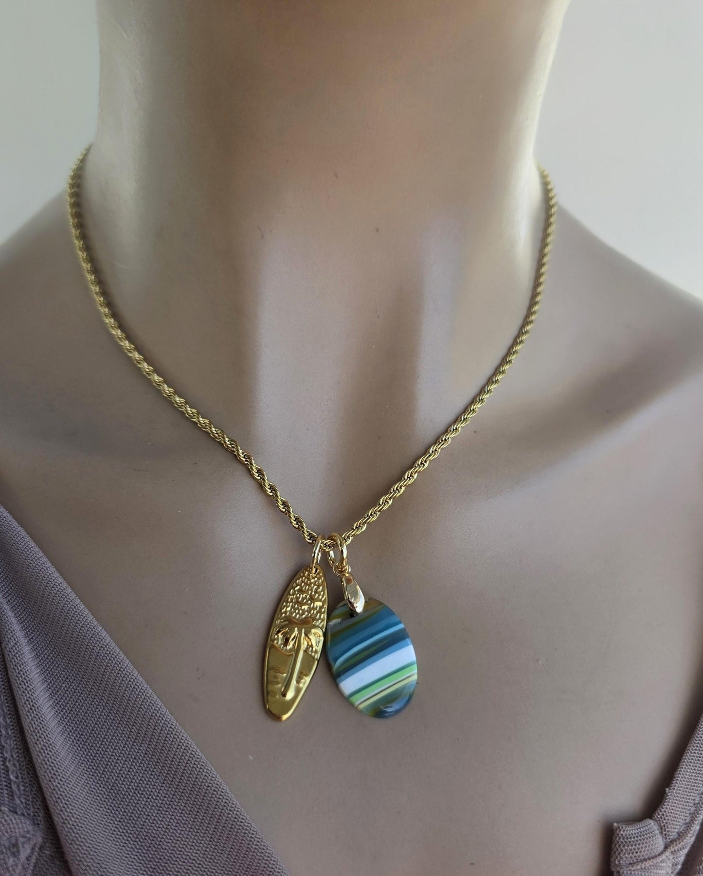 Upcycled Surfboard Resin Pendant with Gold Surfer Charm Necklace – Eco Friendly Ocean Jewelry