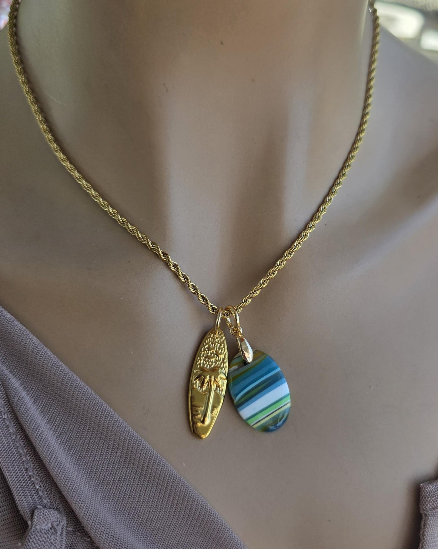 Upcycled Surfboard Resin Pendant with Gold Surfer Charm Necklace – Eco Friendly Ocean Jewelry